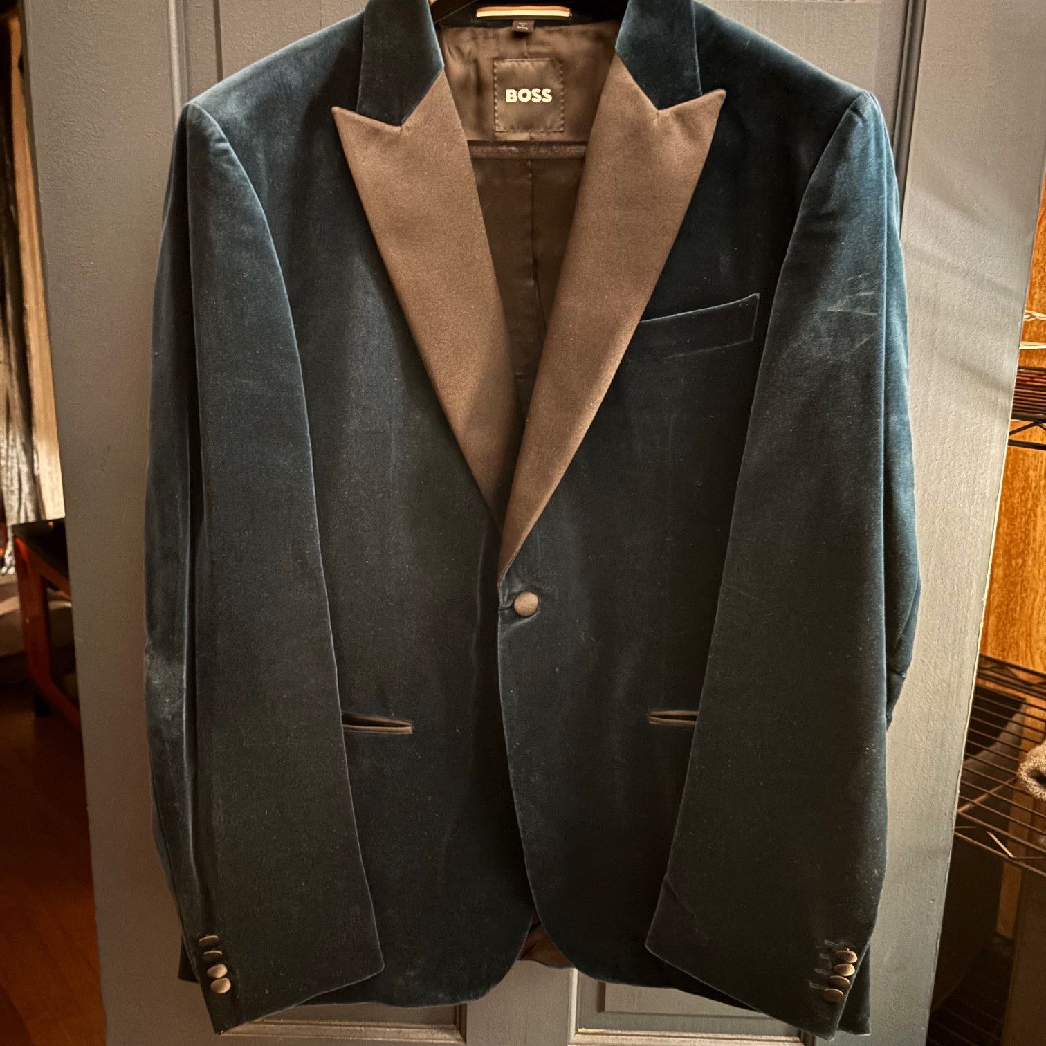 Hugo Boss HUGO BOSS - Cotton Velvet Tuxedo Jacket - Turquoise Size 46R - 2 Thumbnail