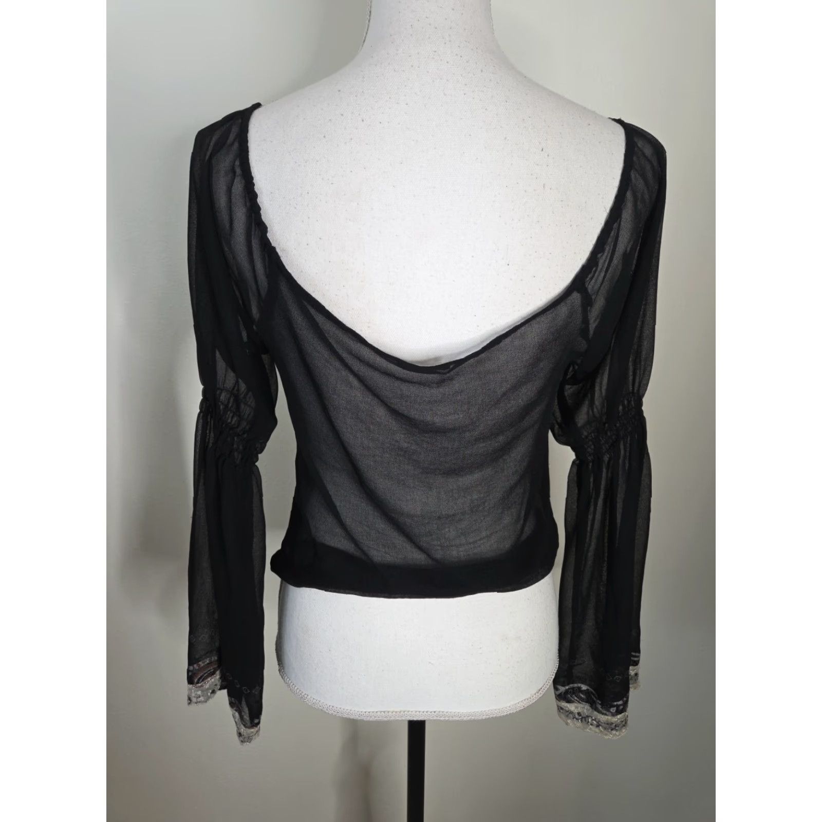 Vintage VINTAGE VERO MODA Blouse Shirt Womens Small Black Paglish Paisley Witchy Bohemian Sheer Bell Sleeve Top Blouse Size S / US 4 / IT 40 - 4 Thumbnail