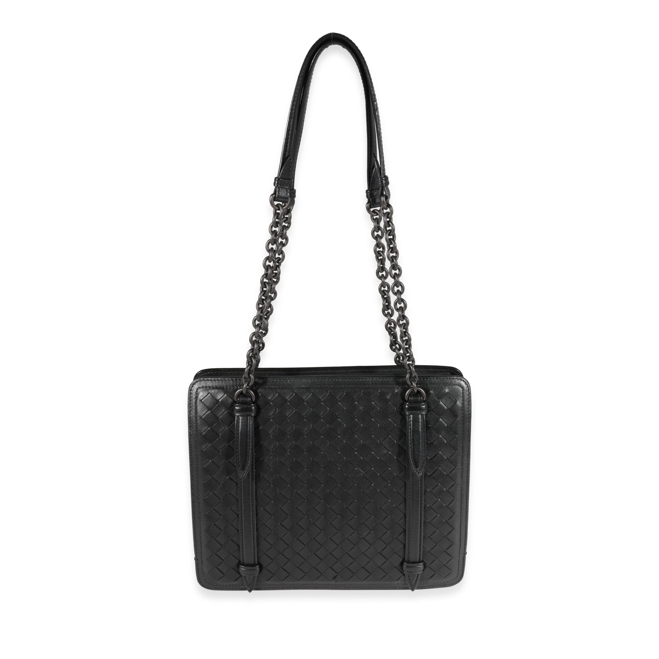 image of Bottega Veneta Black Intrecciato Leather Chain Shoulder Bag, Women's