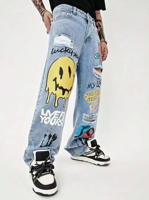Japanese Brand × Vintage Distressed Graphic Ripped Y2k Denim Jeans Size US 32 / EU 48 - 2 Thumbnail
