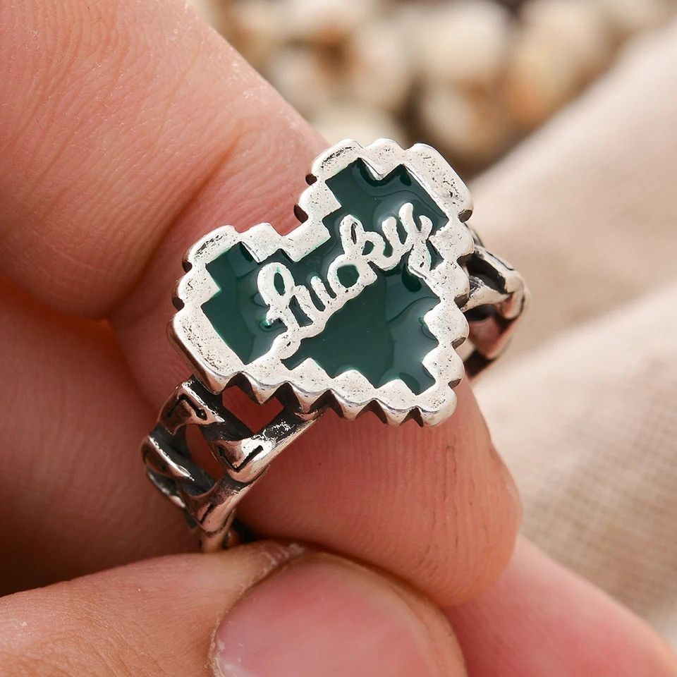 Jewelry × Vintage Romantic Mosaic Green Love Heart Lucky Letter Resin Ring Size ONE SIZE - 1 Thumbnail