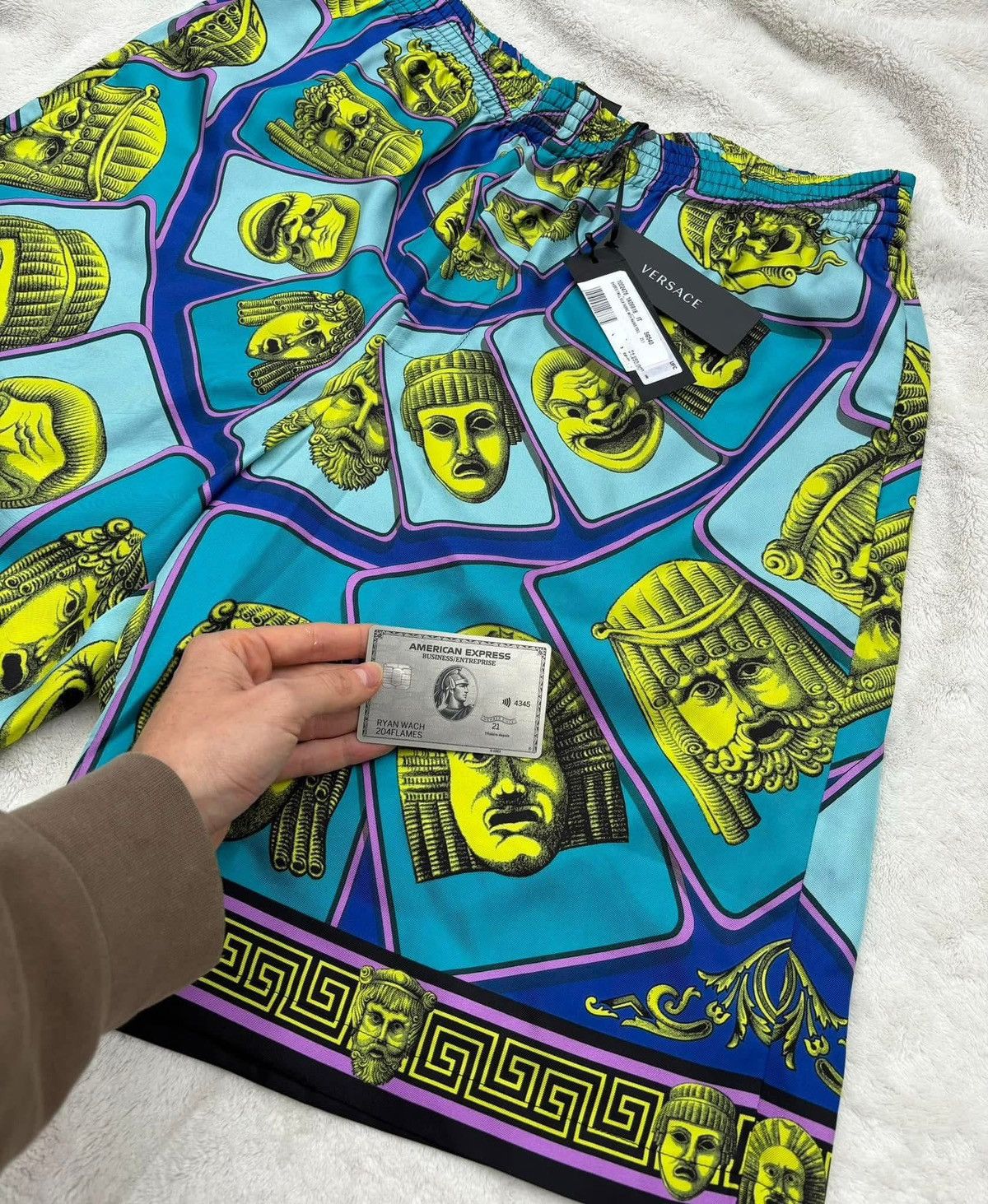Versace Versace Blue/Green/Purple ‘Le Maschere’ Silk Shorts Size US 34 / EU 50 - 2 Thumbnail