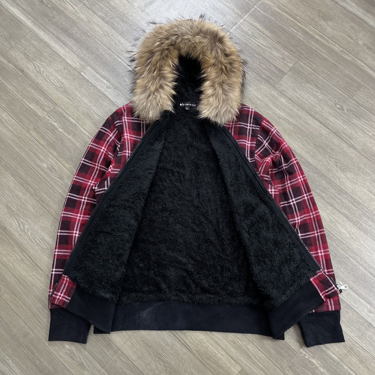 Japanese Brand 2000s Detective Struct Plaid Punk Style Zip Faux Fur Hoodie Size US L / EU 52-54 / 3 - 3 Thumbnail