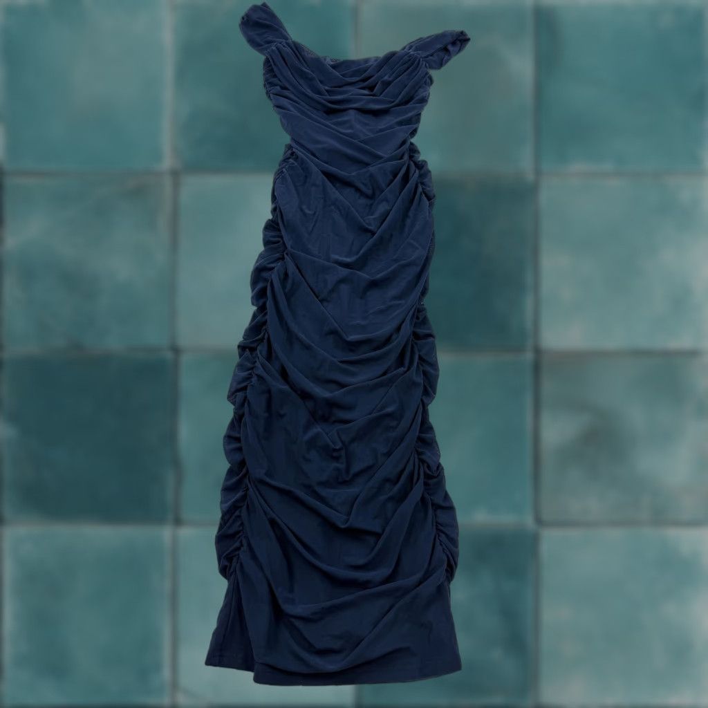 Vintage PrettyGarden Dress Womens M Blue Ruched Off Shoulder Bodycon Maxi Evening Dress Size M / US 6-8 / IT 42-44 - 1 Thumbnail