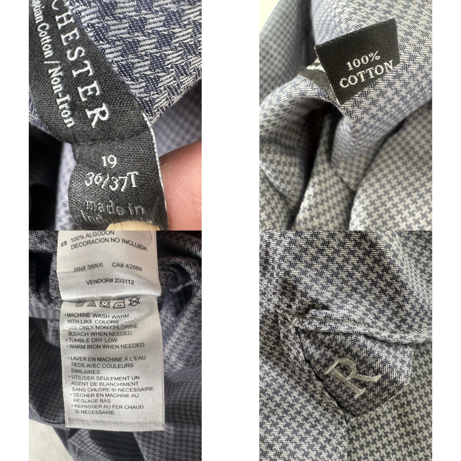 Vintage Rochester Dress Shirt Rochester 100% Egyptian Cotton Button-Down Woven White/Gray Geometric Non-Iron Long Sleeve 36/37T Big & Tall Mens Shirt Size 36R - 8 Thumbnail