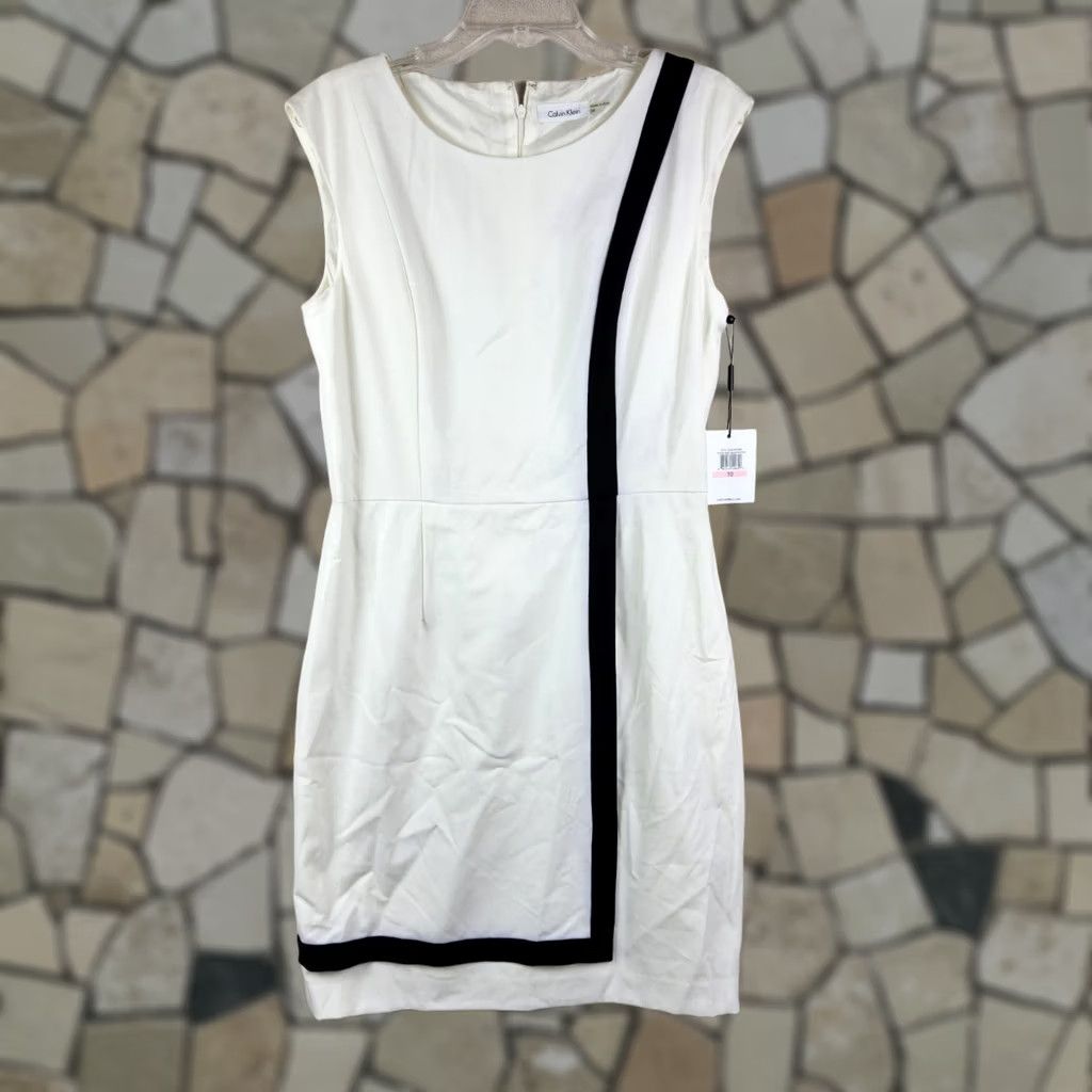 Calvin Klein Calvin Klein Pencil Dress Womens Sleeveless Lined Ivory Black Trim Size 10 Size L / US 10 / IT 46 - 1 Thumbnail