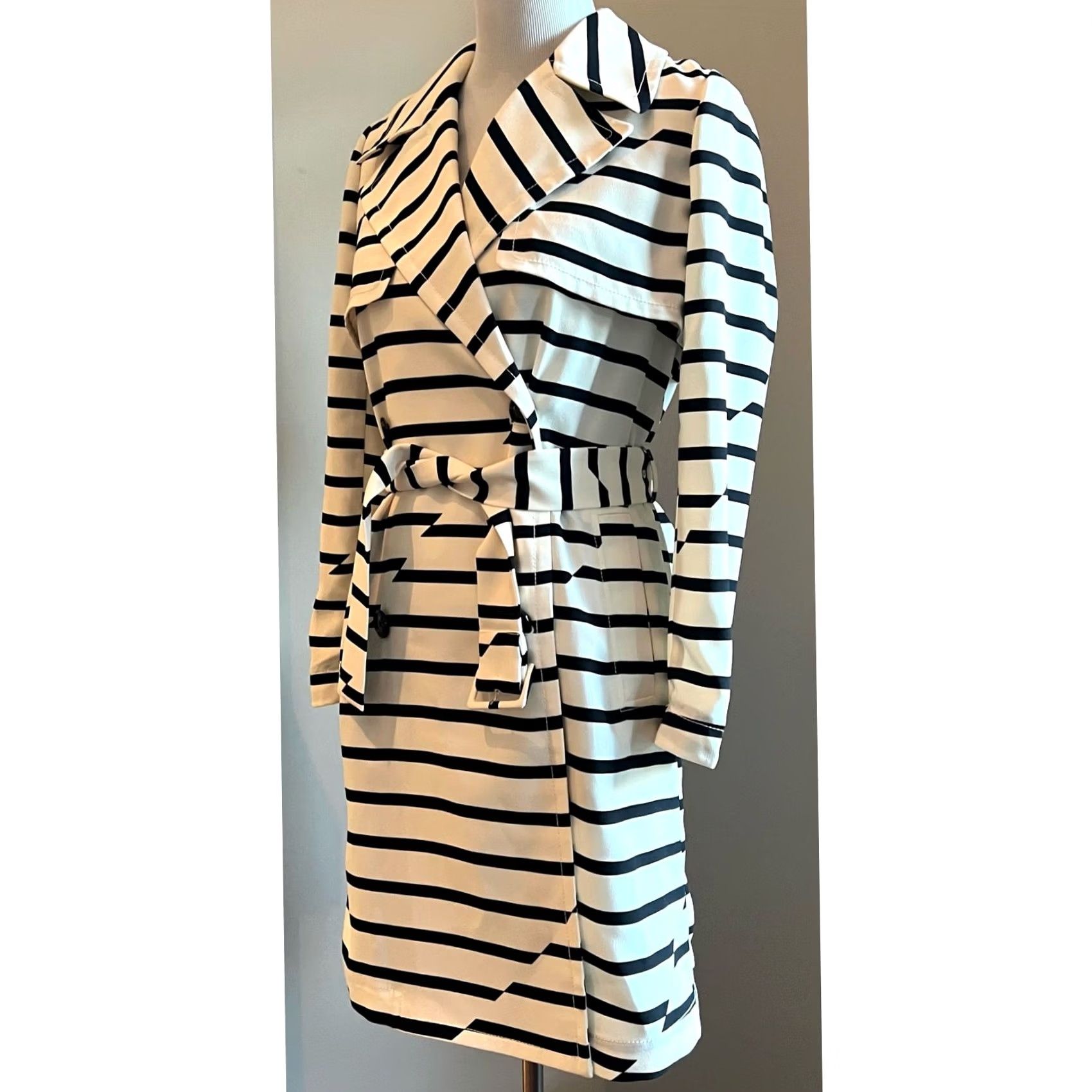 Madewell Madewell Trench Coat Jacket Striped Belted Women’s XS Black & Ivory Multicolor Pattern Long Sleeve Button Size XS / US 0-2 / IT 36-38 - 4 Thumbnail