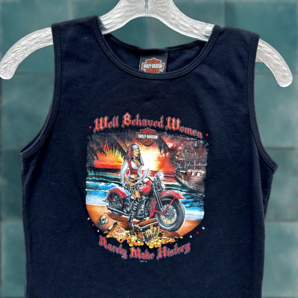 VINTAGE Harley-Davidson Y2K Tank Top Medium Black Graphic Well Behaved Women