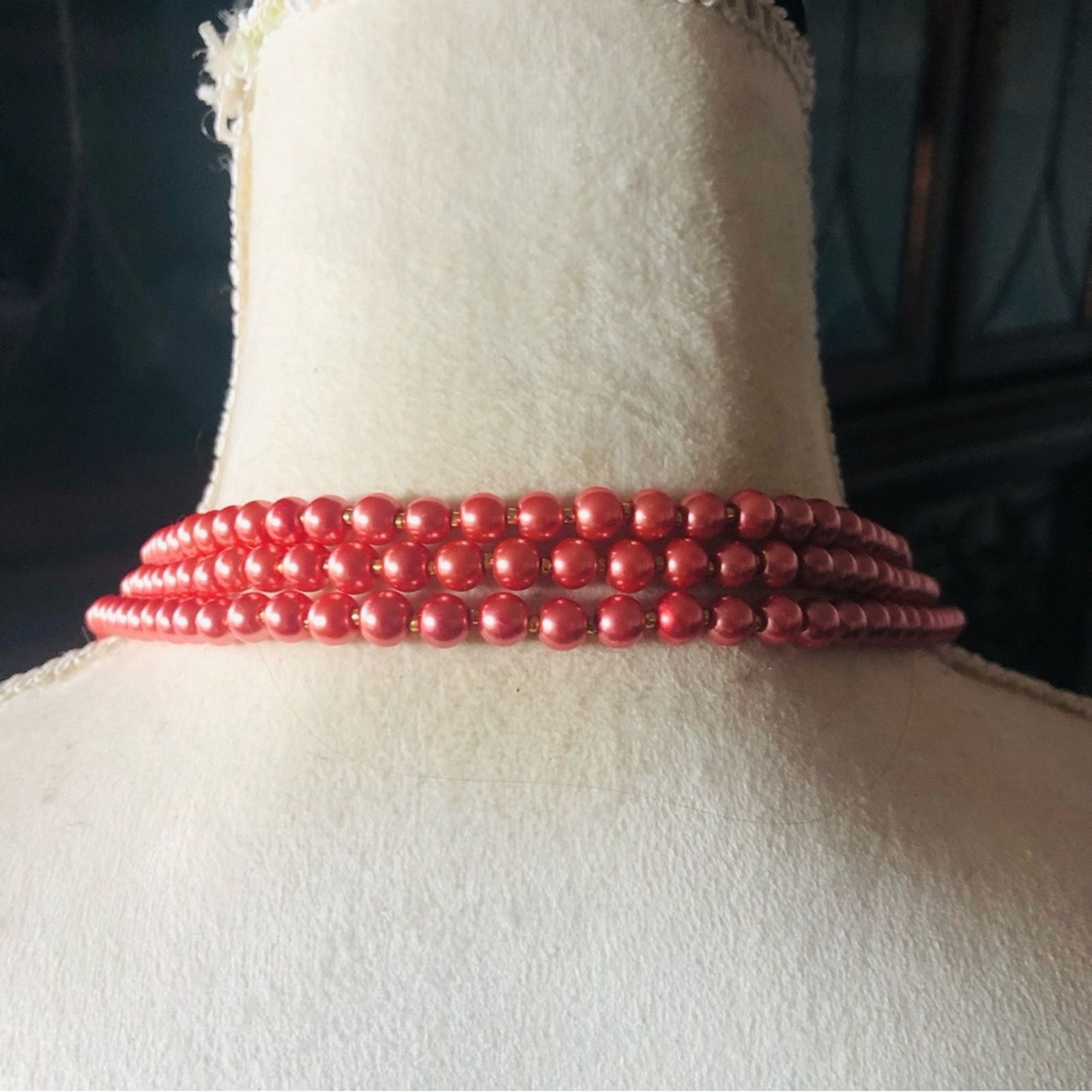 Handmade Handcrafted triple strand rose pearl genuine ruby necklace Size ONE SIZE - 7 Thumbnail