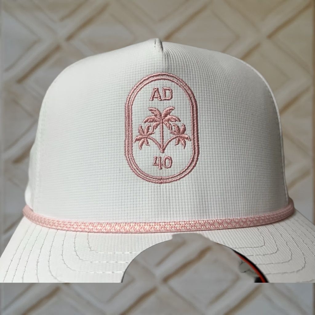 Vintage NWOT AD 40 Palm Trees Rope Snap Back Hat Cap White/Pink Small Fit UPF 50+ Womens Unisex Adults Hat Size ONE SIZE - 1 Thumbnail