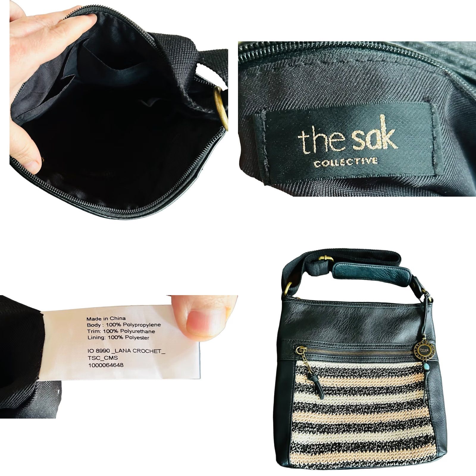 The Sak VINTAGE The Sak Black Faux Leather Hobo Bag Shoulder Purse Crochet Trim Boho Women’s Size ONE SIZE - 10 Thumbnail