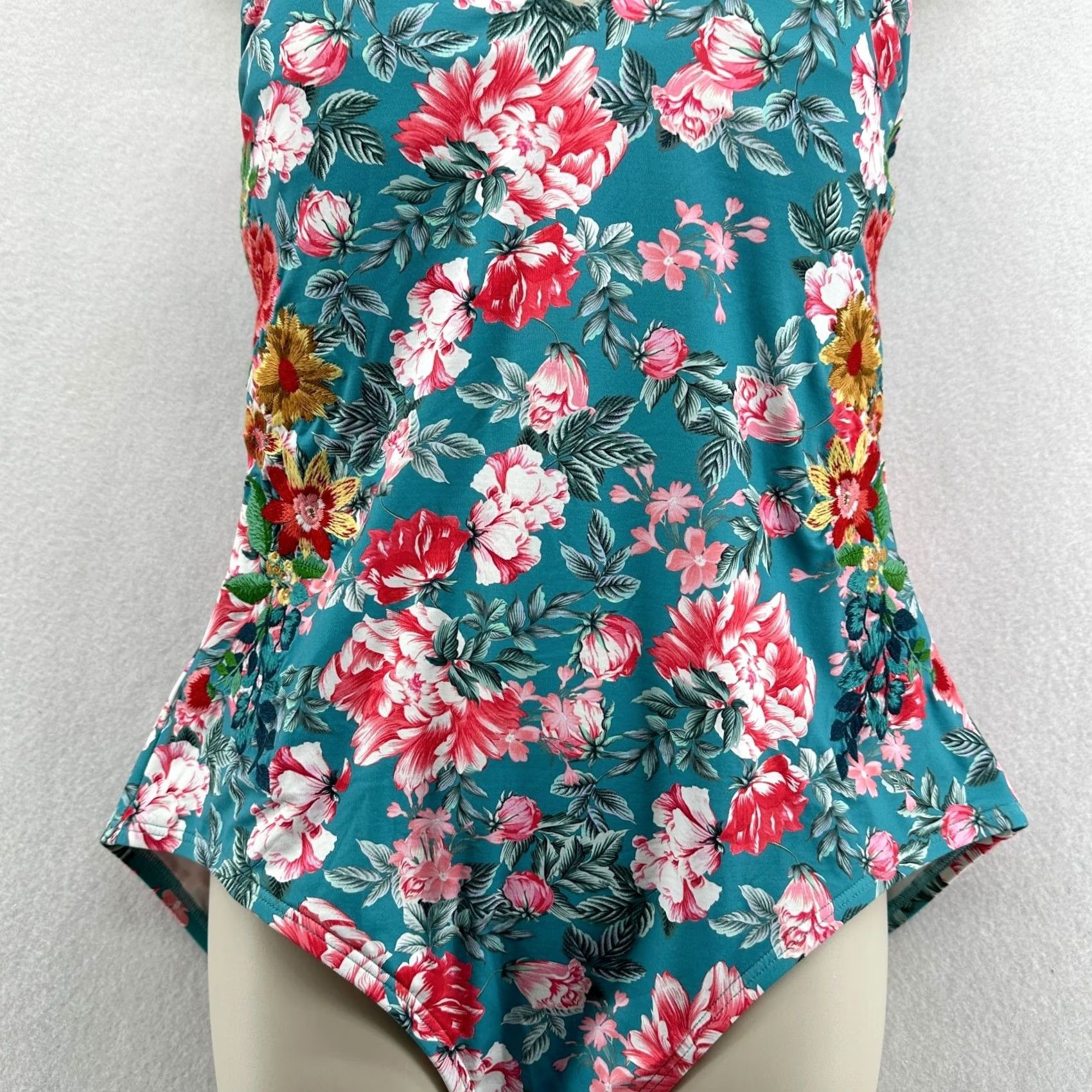 Johnny Was Johnny Was Floral Halter One Piece Swimsuit Embroidered Boho Size 1X Multicolor Blue Pink Built-In Bra Lined Stretch Runs Small Womens Size ONE SIZE - 4 Thumbnail