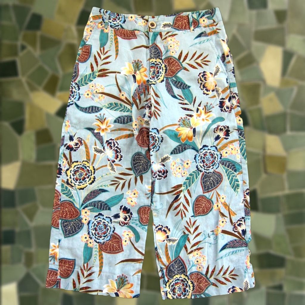 Esprit Esprit Pants Women Wide Leg Cropped Floral Linen Cotton Blue Yellow Brown Size 6 Size 28" / US 6 / IT 42 - 1 Thumbnail