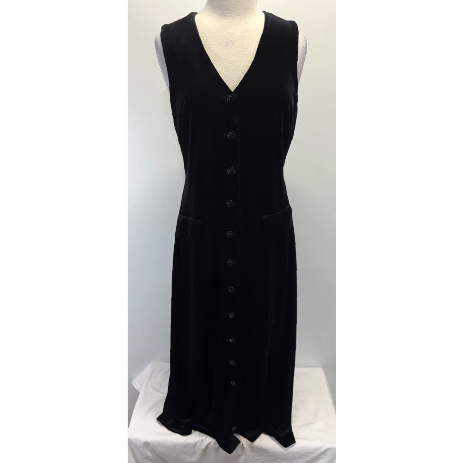 Velvet VINTAGE Dani Michaels Stretch Velvet Velour Maxi Dress Large Black Button Front Goth Dress Size L / US 10 / IT 46 - 2 Thumbnail