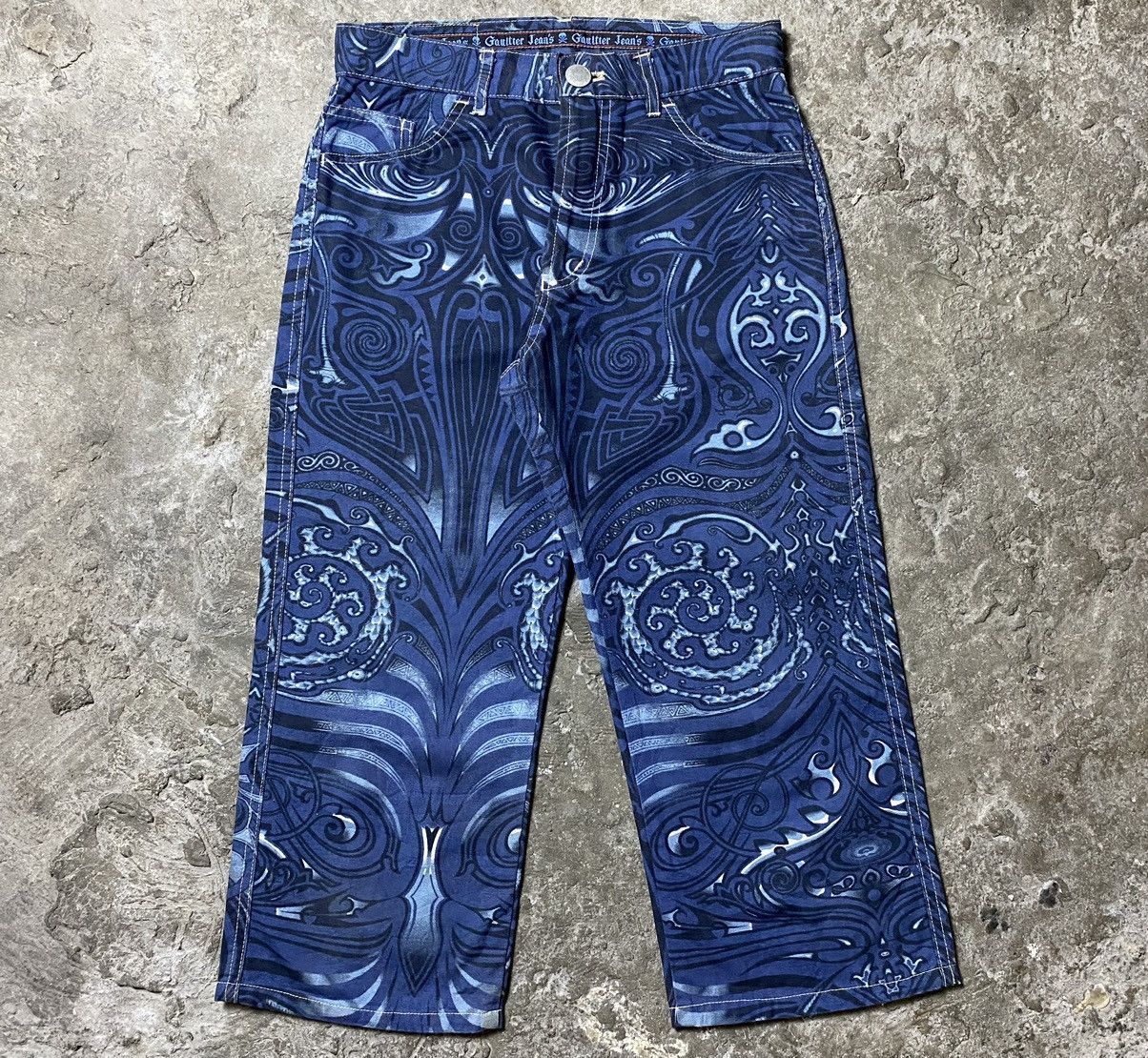 image of Jean Paul Gaultier Ss96 Cyberbaba Dragon Print Pants in Blue, Women's (Size 26)