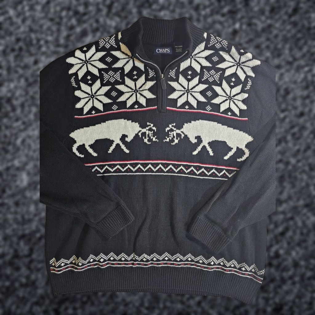 Chaps VINTAGE Chaps Ralph Lauren Classic Holiday 1/4 Zip Sweater White Black Elk Design 2XL Size US XXL / EU 58 / 5 - 1 Thumbnail