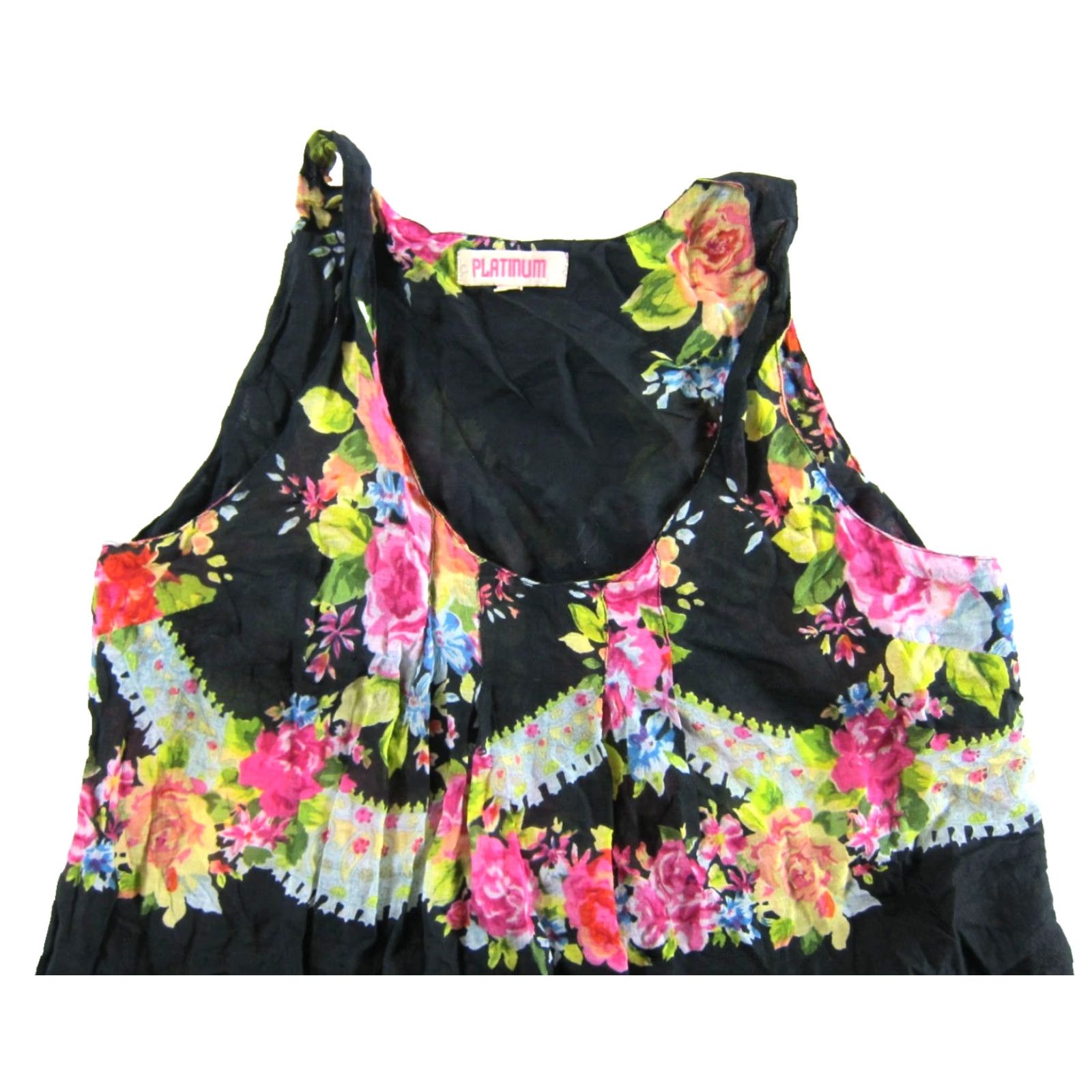 Vintage Platinum 100% Lightweight Cotton Pink Green Black Floral Pocket Tank Dress S/M Dress Size S / US 4 / IT 40 - 4 Thumbnail