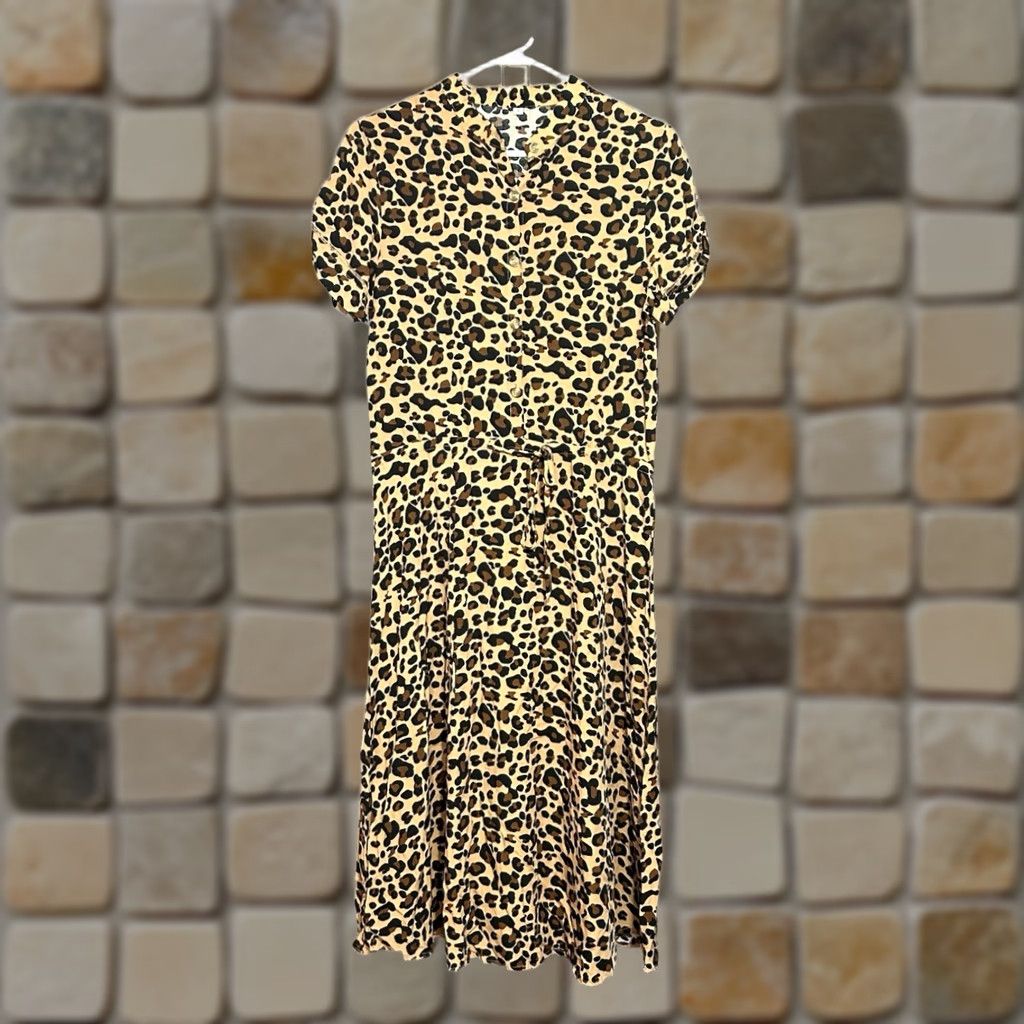 Shein SHEIN Leopard Print Dress Women Small V Neck Tie Waist Button Front Short Sleeve Maxi Summer Casual Womens Size 28" / US 6 / IT 42 - 1 Thumbnail