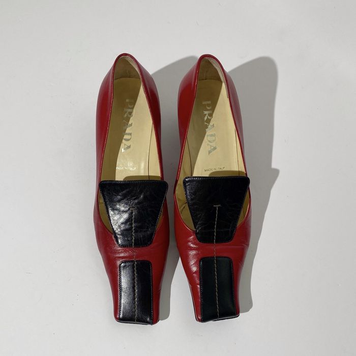 Vintage Prada Early 2000s Red Black Leather Pointed Square Toe Pumps ...