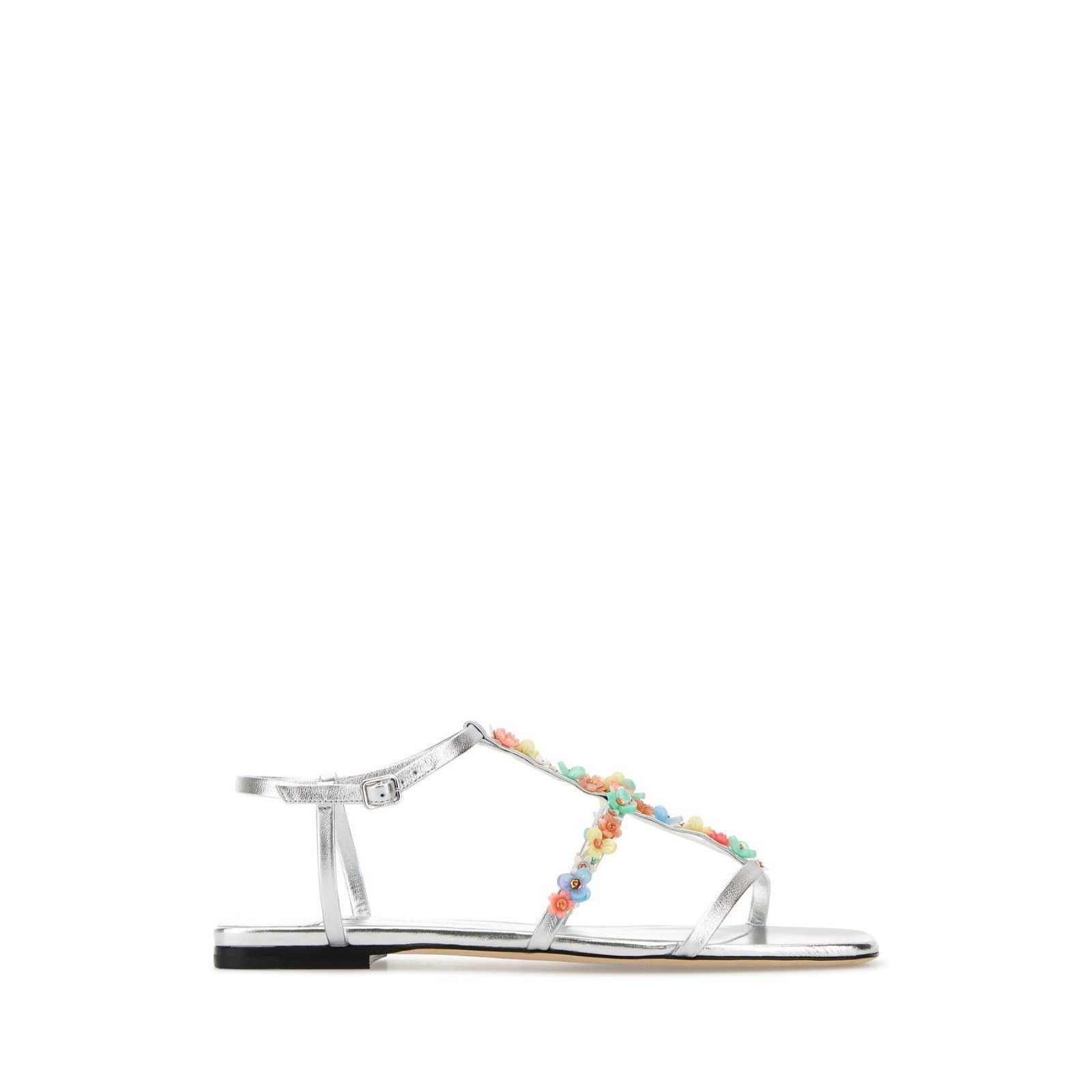JIMMY CHOO Daisy Flower Summer Silver Leather Flat Sandals N
