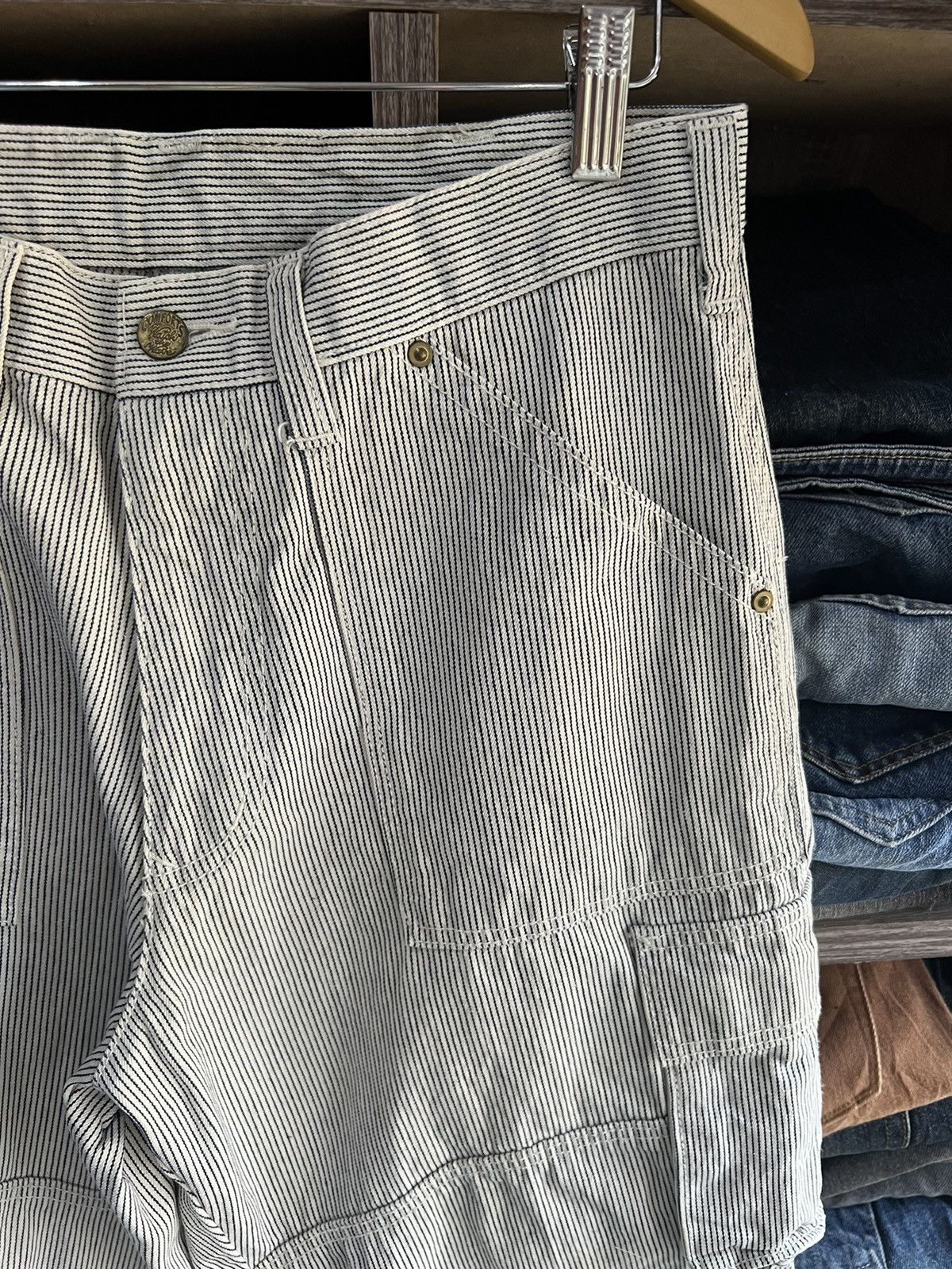 Japanese Brand 🔥Vintage Dogman Hickory Stripe Double Knees Cargo Pant Size US 32 / EU 48 - 7 Thumbnail