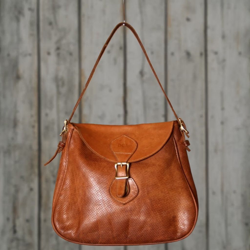 Vintage VINTAGE J.W. HULME CO. Perforated Tan Leather Satchel Shoulder Bag Purse Leather Tote Women Medium Tan Bag Purse Satchel Shoe Bag Womens Size ONE SIZE - 1 Thumbnail