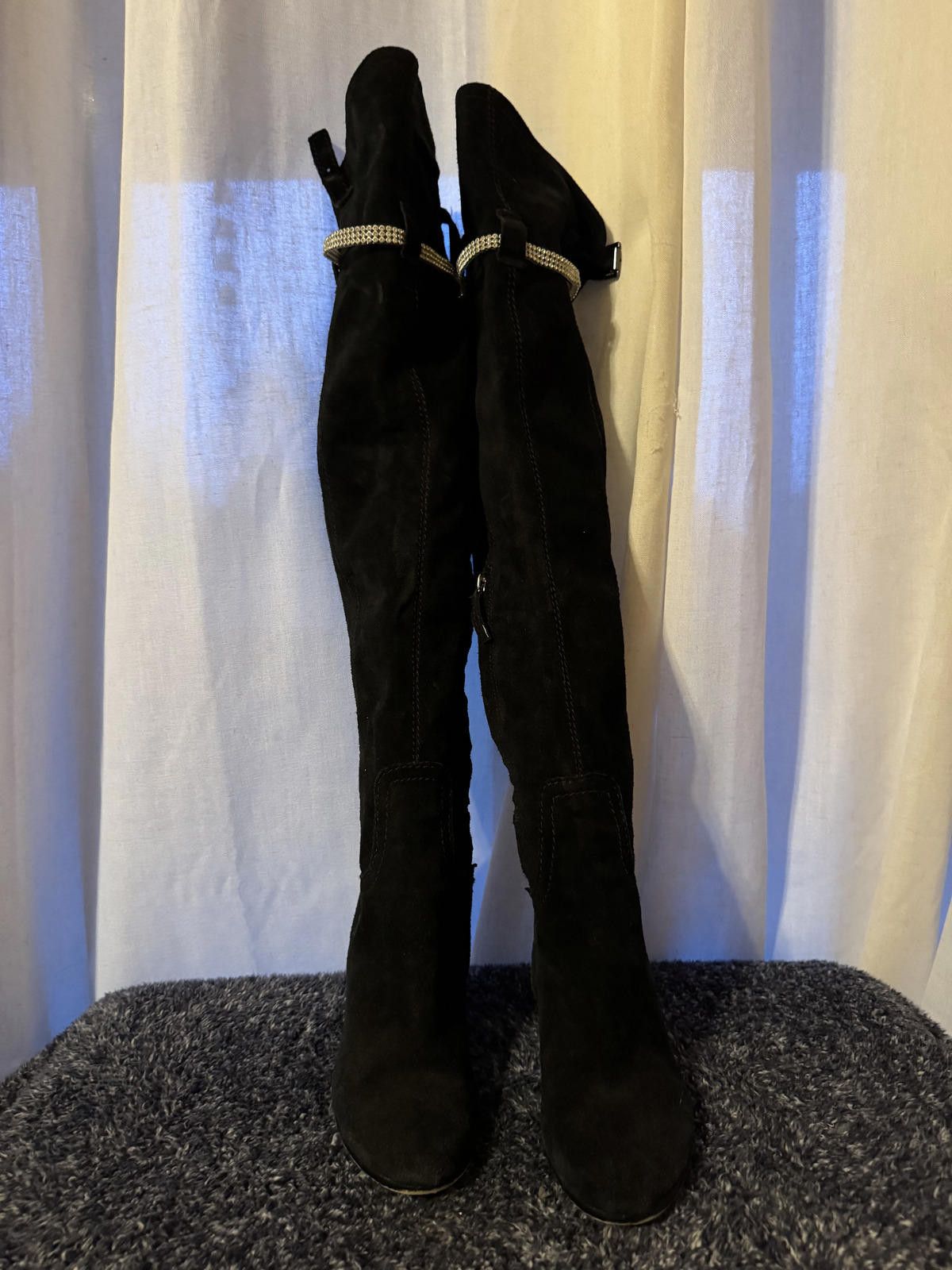 Other Black Suede Over-the-Knee High Heel Boots with Rhinestones Size US 7.5 / IT 37.5 - 1 Thumbnail