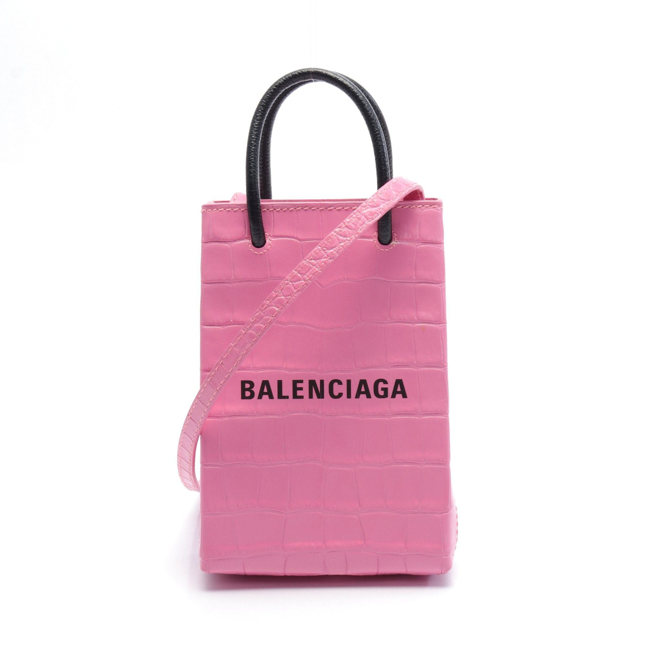 image of Balenciaga Shopping Phone Holder Shopping Phone Folder Shoulder Bag Leather Pink Black, Women's