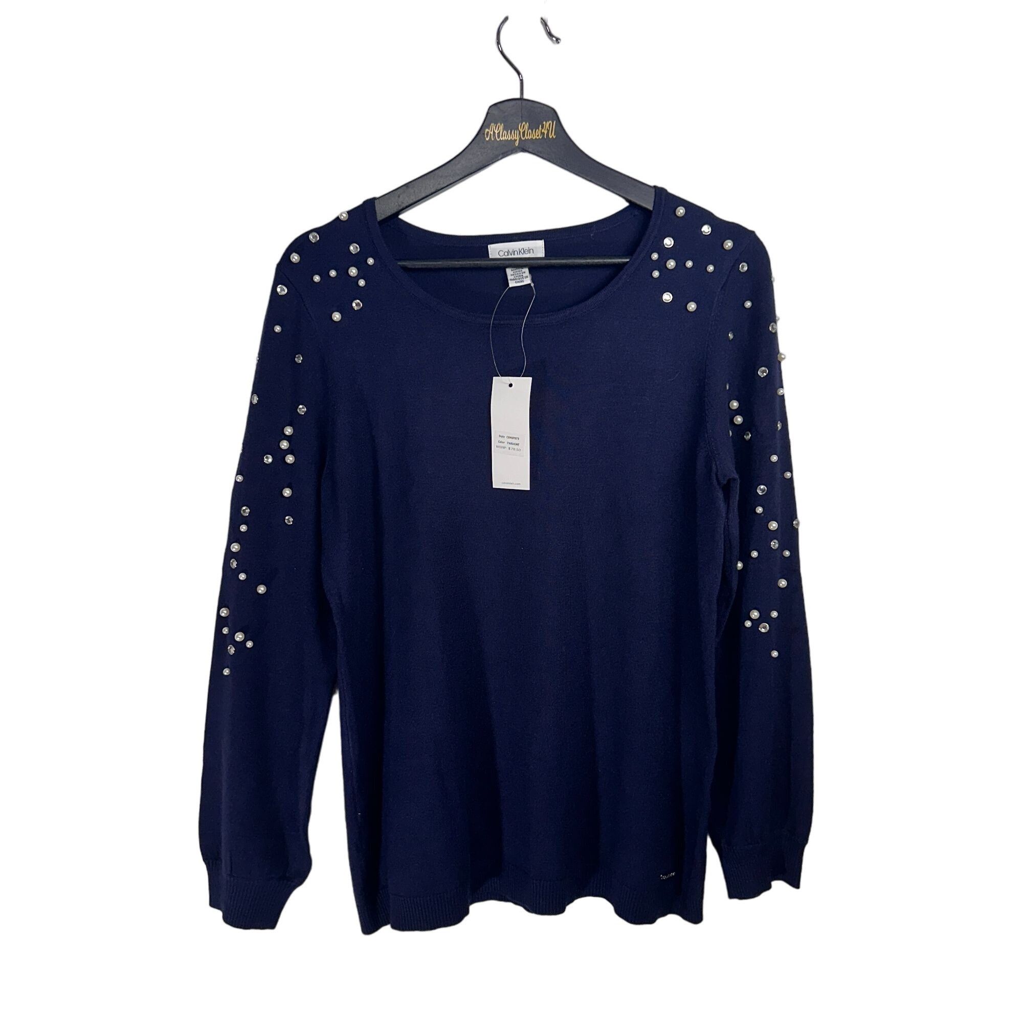 Calvin Klein Calvin Klein Women's Navy Pullover Sweater with Pearl and Rh Size M / US 6-8 / IT 42-44 - 4 Thumbnail