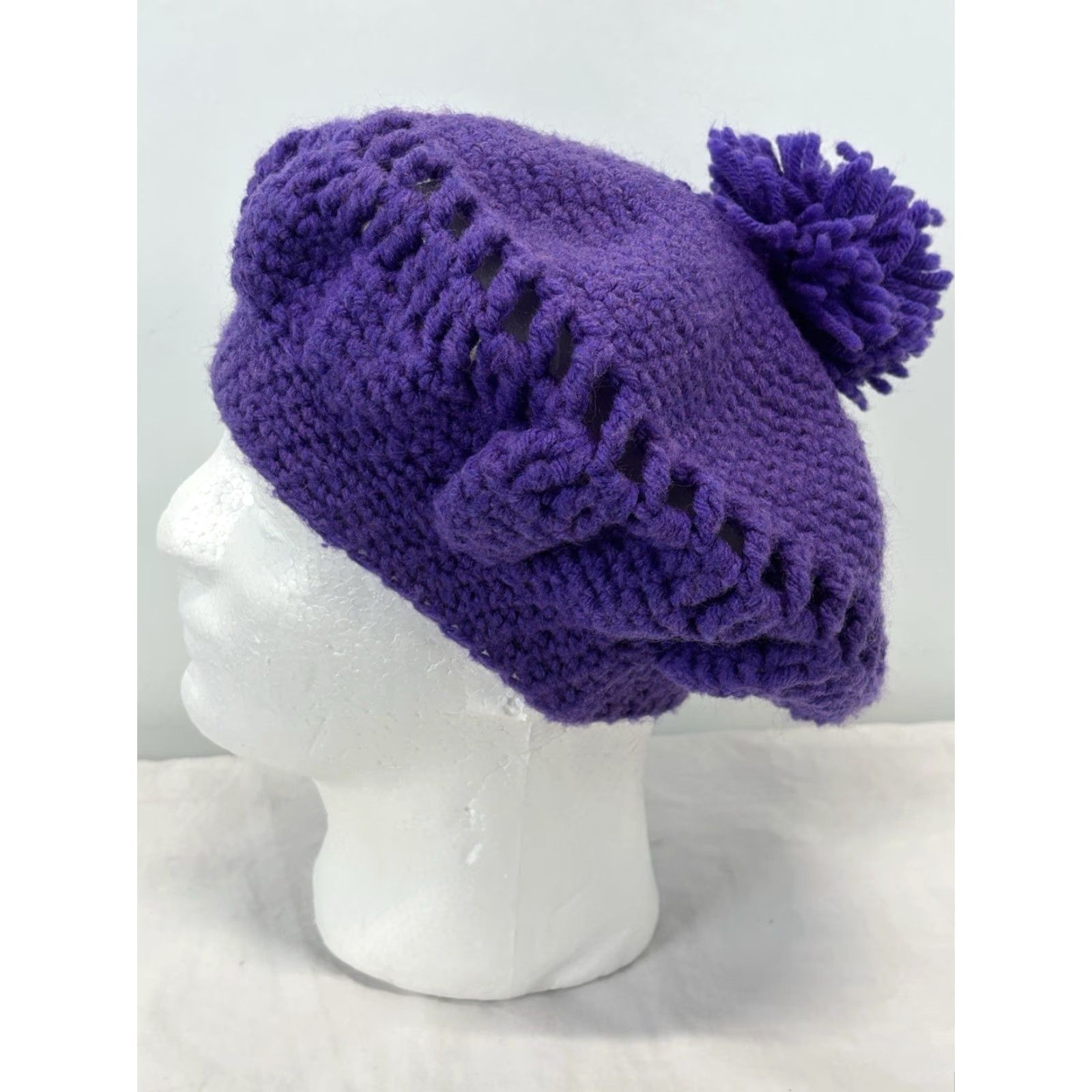 Vintage VINTAGE Hand Knit Beret Hat Adult Purple 1970s Boho Hippie Floppy Pom Pom Artsy Size ONE SIZE - 2 Thumbnail