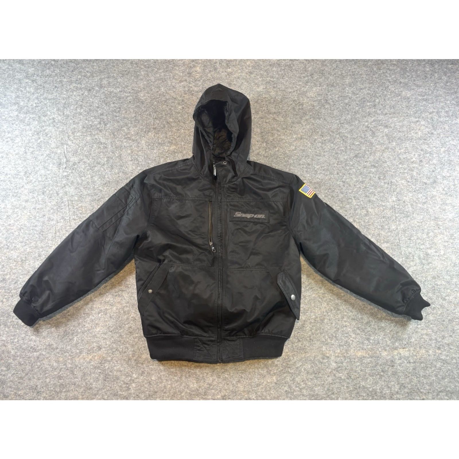 Vintage Snap-On Men's Black Hooded Work Jacket Canvas with American Flag Patch M Jacket Mens Black Canvas Hooded Work Jacket with Flag Patch Size US M / EU 48-50 / 2 - 2 Thumbnail