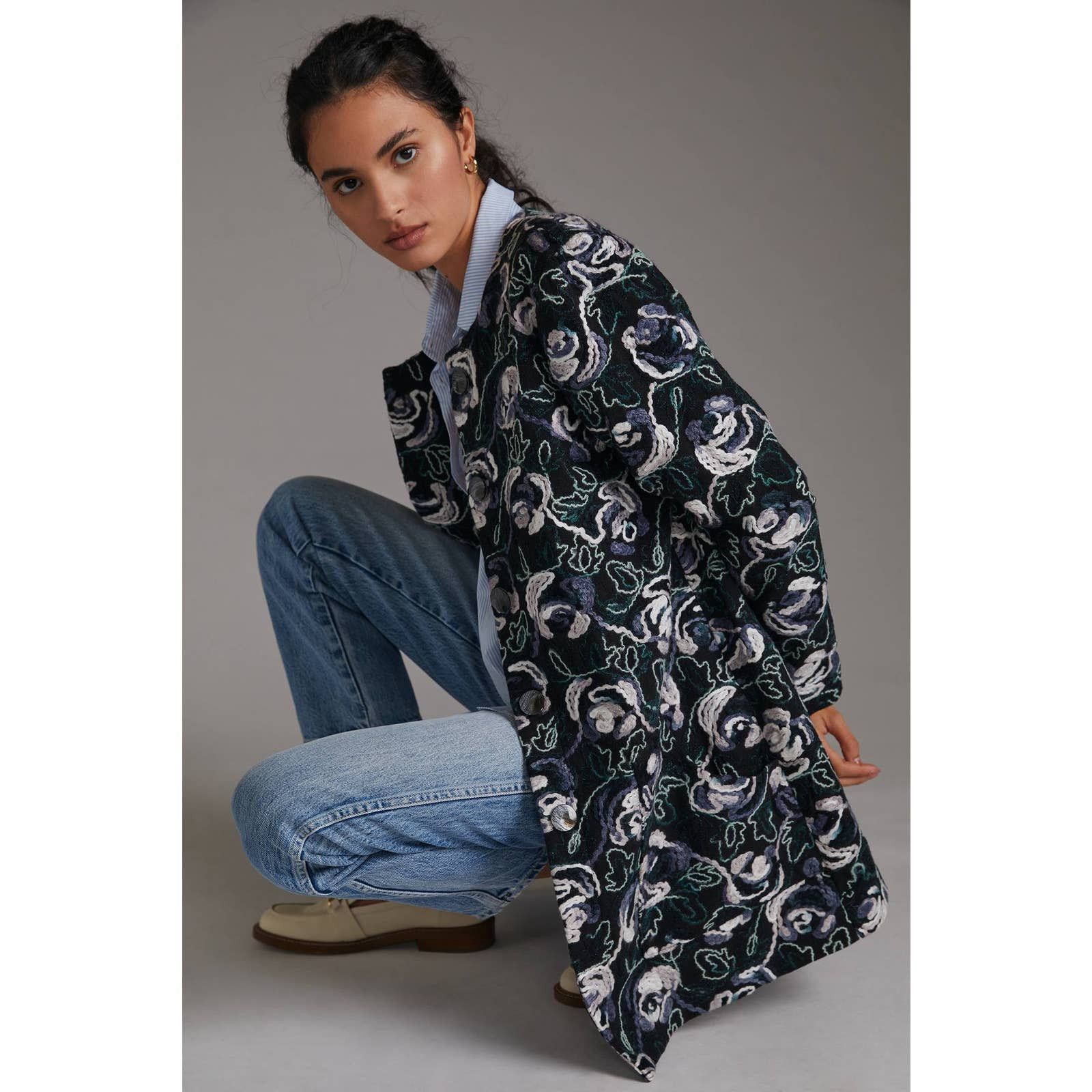 image of Anthropologie Floral Embroidered Coat By Hutch $260 X-Small in Blue, Women's (Size XS)