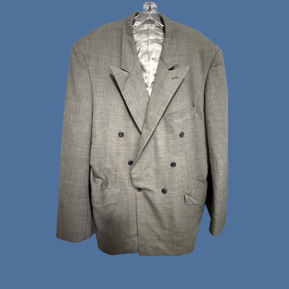 Doublet VINTAGE Tom James Suit Jacket Mens 46L Gray Check Double Breasted Long Big Tall Size 46R - 1 Thumbnail