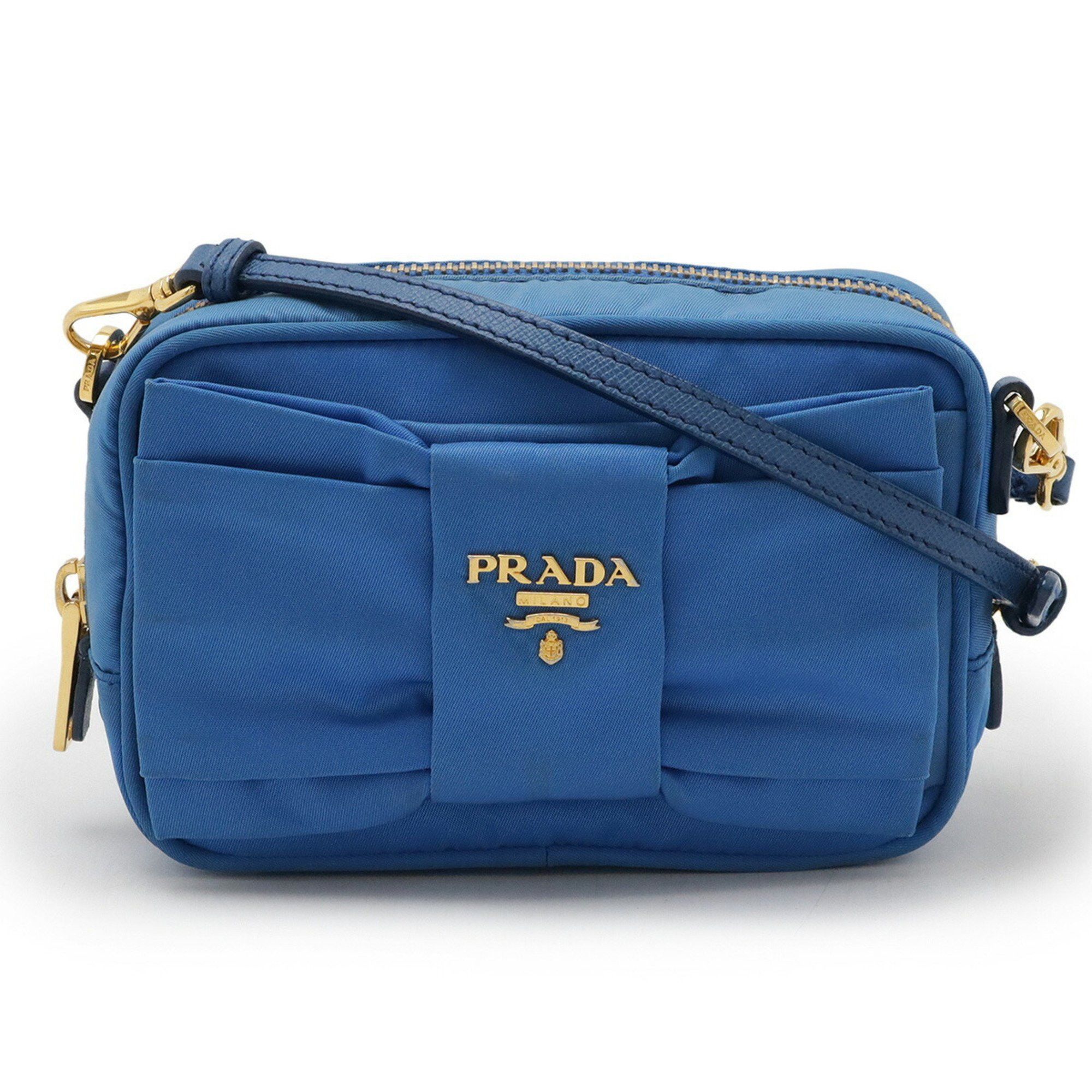 Prada Ribbon Shoulder Bag Pochette Pouch Nylon Leather Blue 1Nf727, Women's