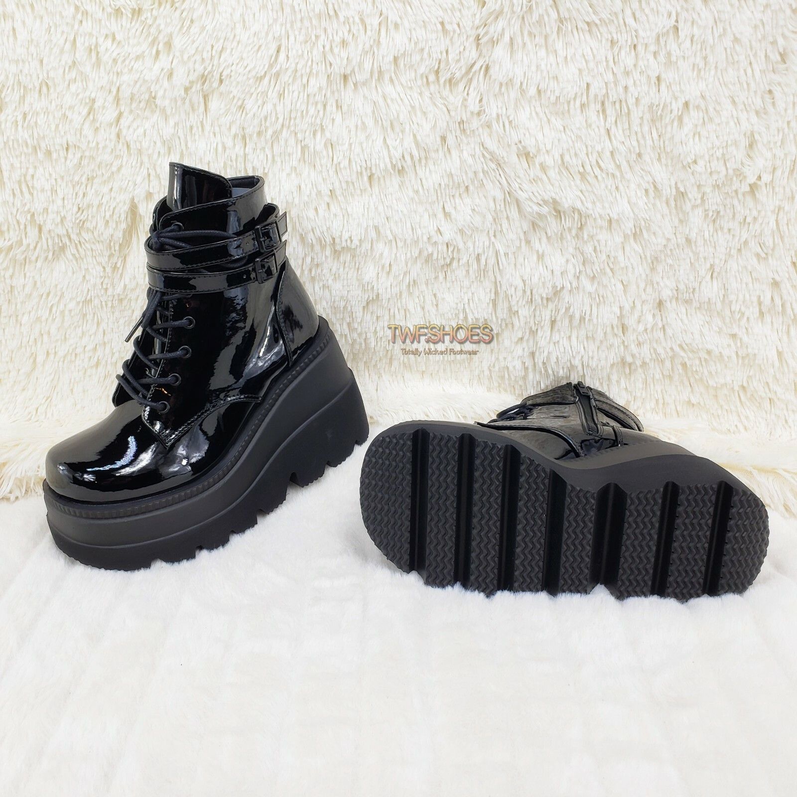 Demonia Cult DEMONIA Shaker 52 Black Patent Platform 4.5" Wedge Heel Ankl Size US 6 / IT 36 - 4 Thumbnail