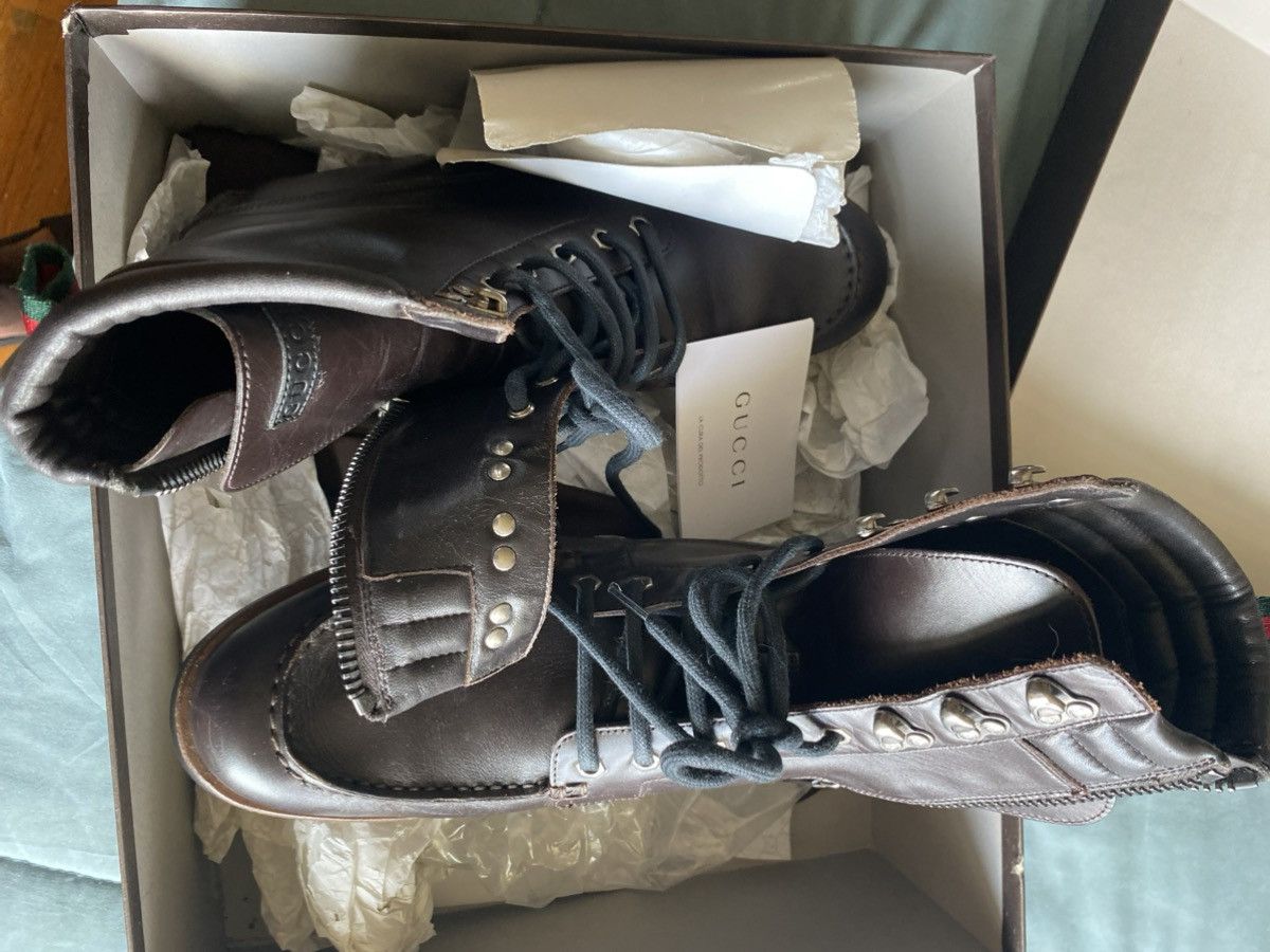Gucci Gucci Leather Combat Boots w/ Web Stripe & Monogram Sole Size US 8 / EU 41 - 7 Thumbnail
