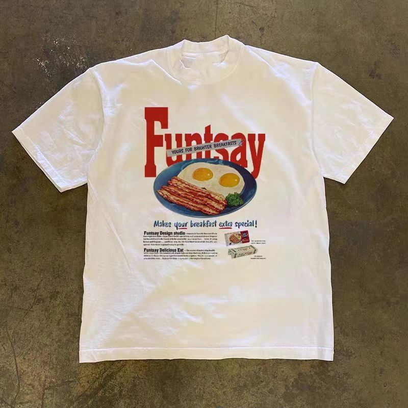 Vintage White casual retro breakfast food print t-shirt Size US M / EU 48-50 / 2 - 1 Thumbnail
