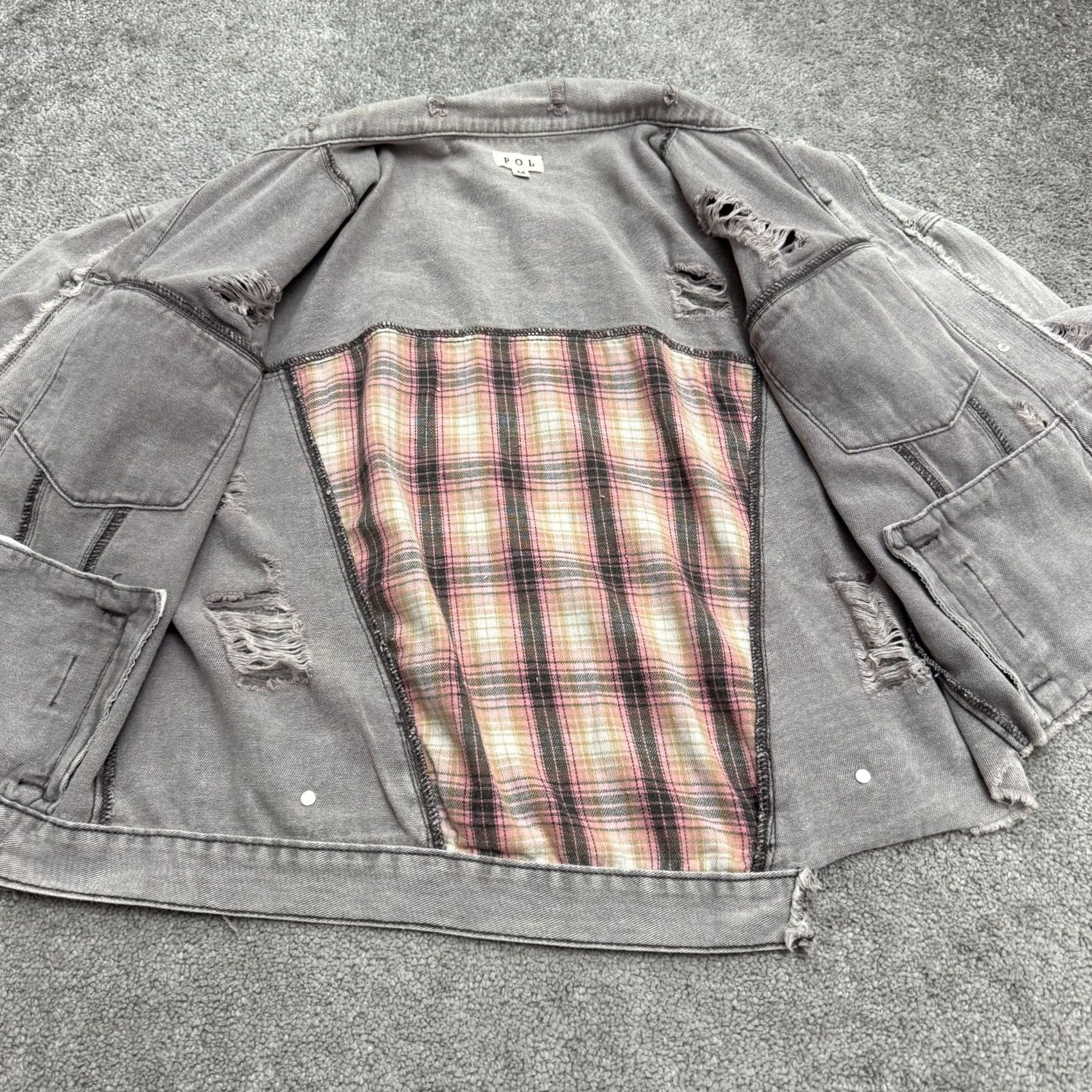 Vintage POL Distressed Denim Jacket Womens Medium Gray Acid Wash Plaid Cotton Streetwear Size M / US 6-8 / IT 42-44 - 4 Thumbnail
