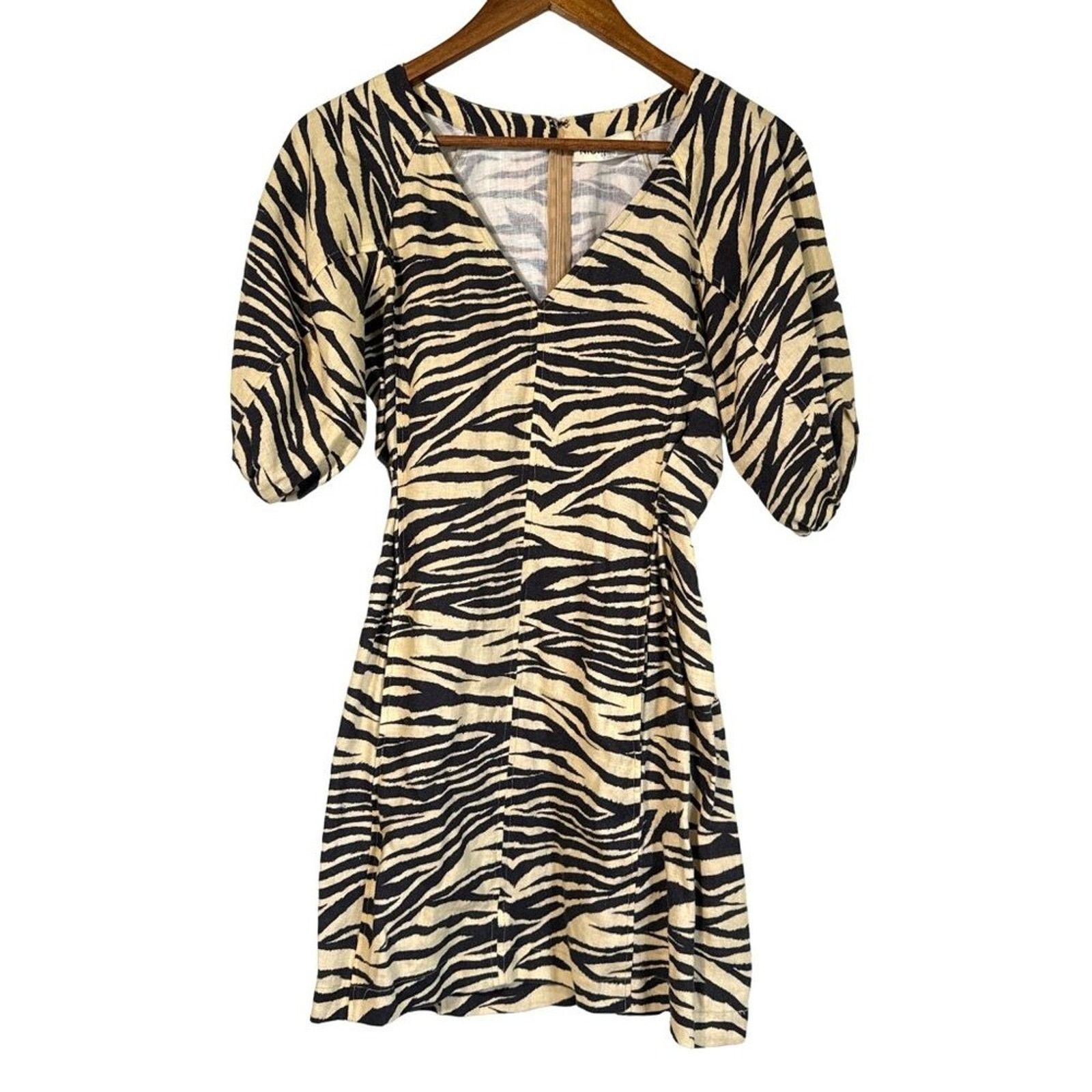 NICHOLAS Nicholas Zebra Print Linen Mini Dress Cream Black V-Neck 4 Size S / US 4 / IT 40 - 2 Thumbnail