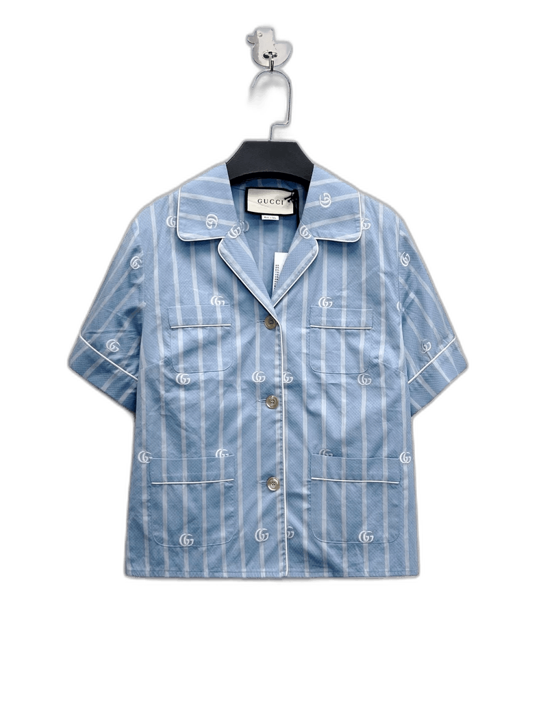 Gucci Light Blue Striped Logo Short Sleeve Shirt-2506