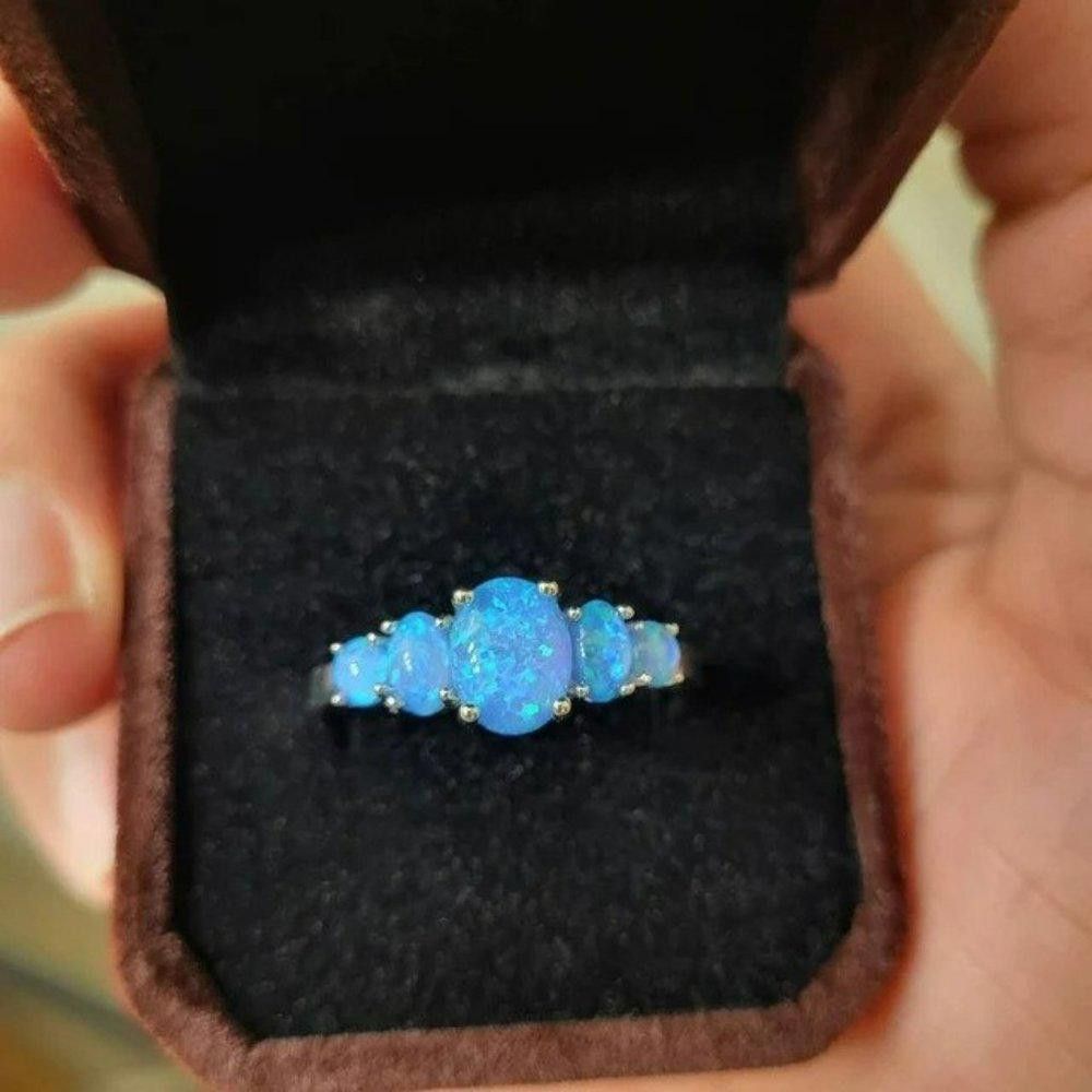 Designer 5 Blue Fire Opal Silver Cluster Multi-Stone Ring - Size 5 Size ONE SIZE - 8 Thumbnail