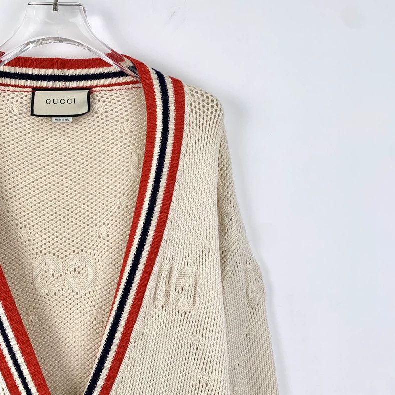 Gucci Gucci Beige striped logo jacquard hollow wool V-neck long-s Size M / US 6-8 / IT 42-44 - 3 Thumbnail
