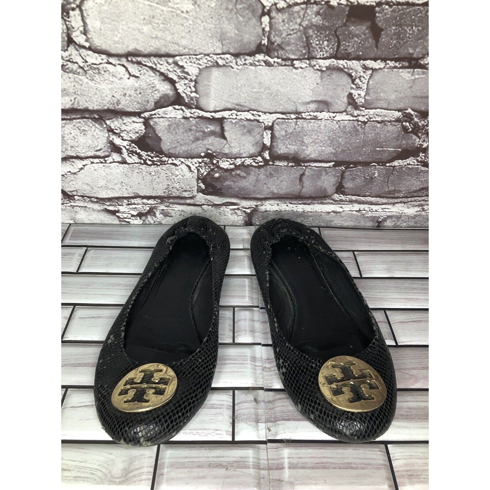 Tory Burch Tory Burch Reva Gold Logo Black Leather Snake Skin Ballet Fl Size US 7.5 / IT 37.5 - 11 Thumbnail