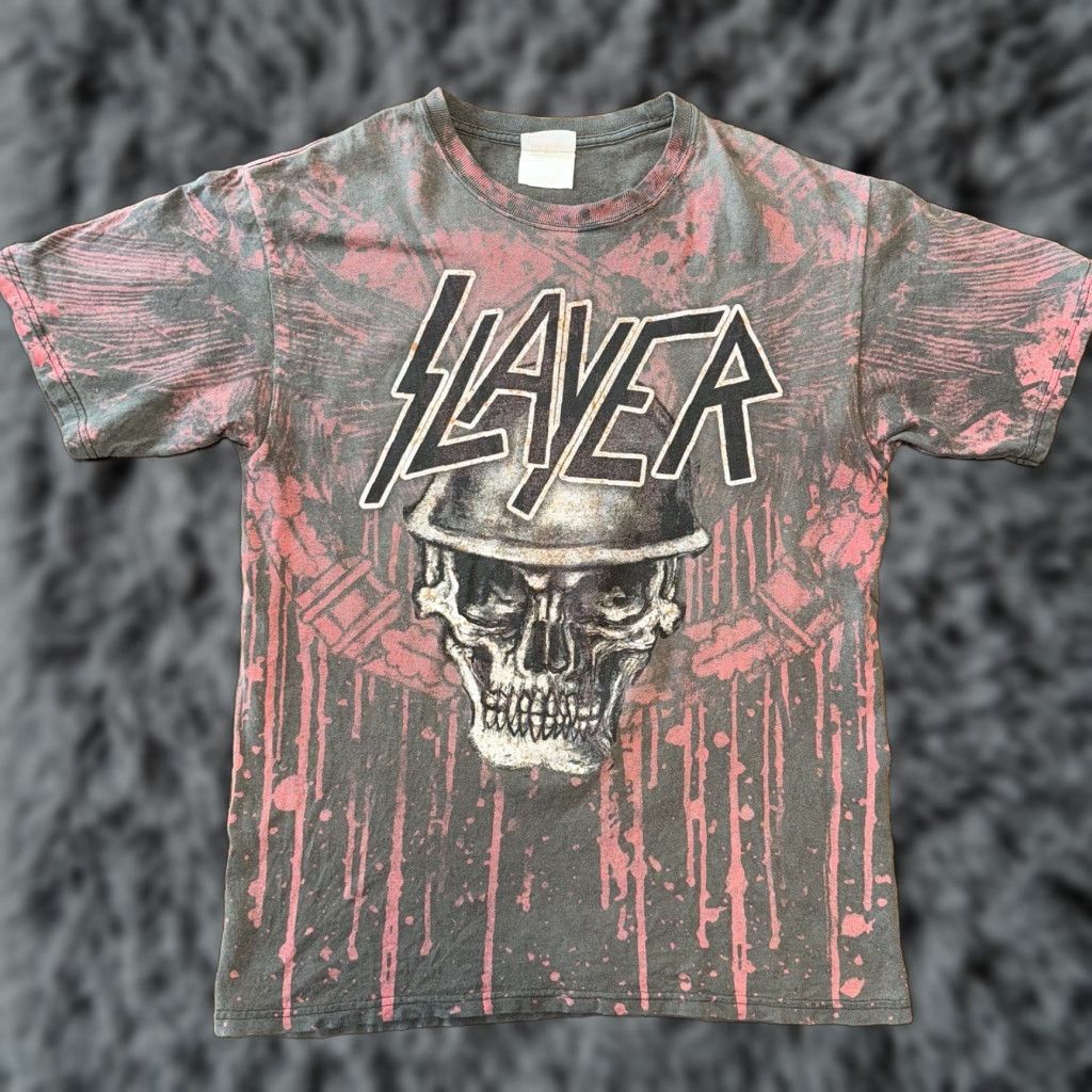 VINTAGE Slayer T Shirt Size Medium Double Sided Blood Bath Skull Helmet Black Red VTG