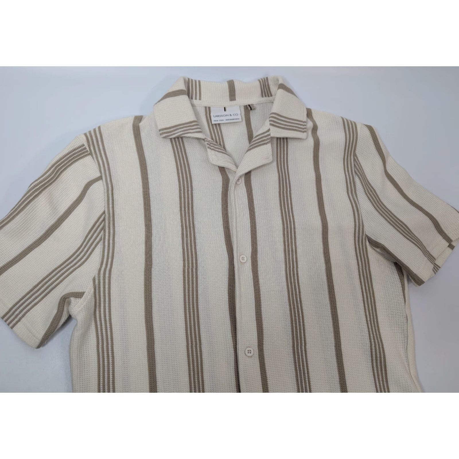 Vintage Larsson & Co. Beige Textured Striped Short Sleeve Button Camp Shirt Mens M Size US M / EU 48-50 / 2 - 2 Thumbnail