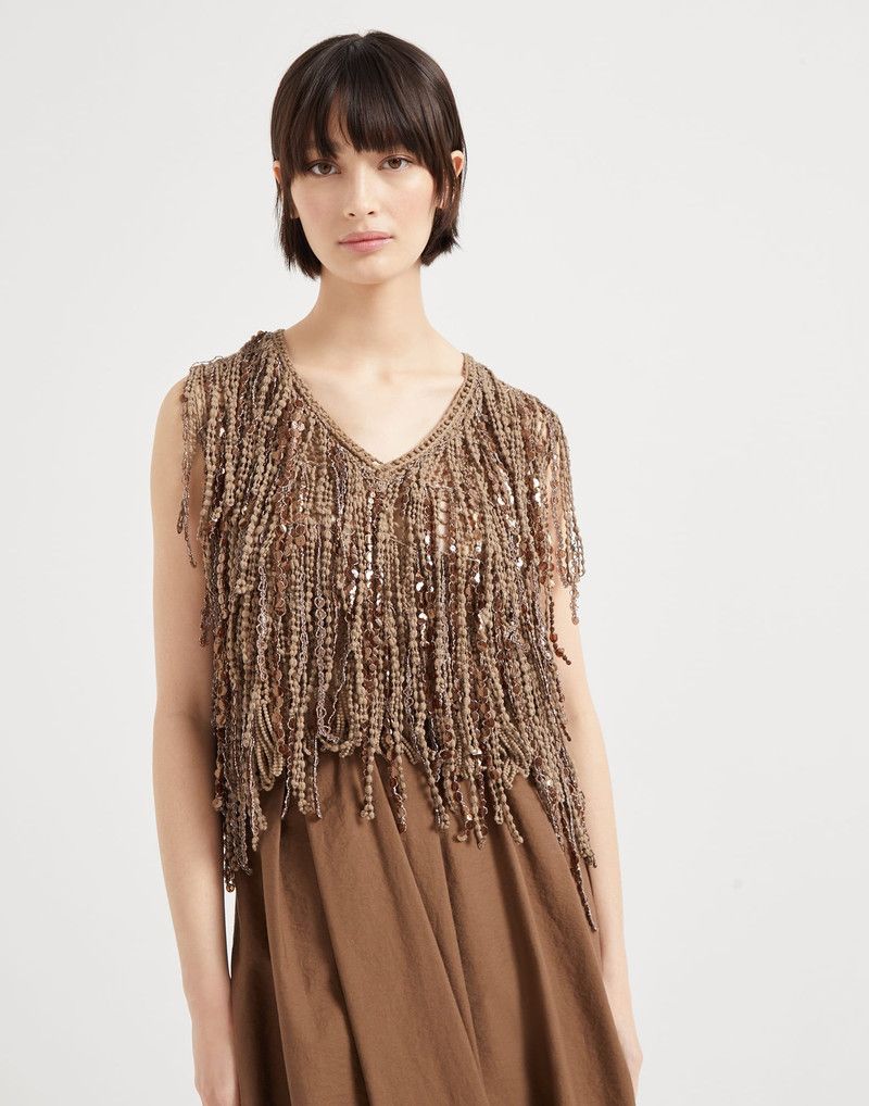 Brunello Cucinelli o1la1rc1a0326 Dazzling Cascades Knit Top in Brown Size L / US 10 / IT 46 - 1 Thumbnail