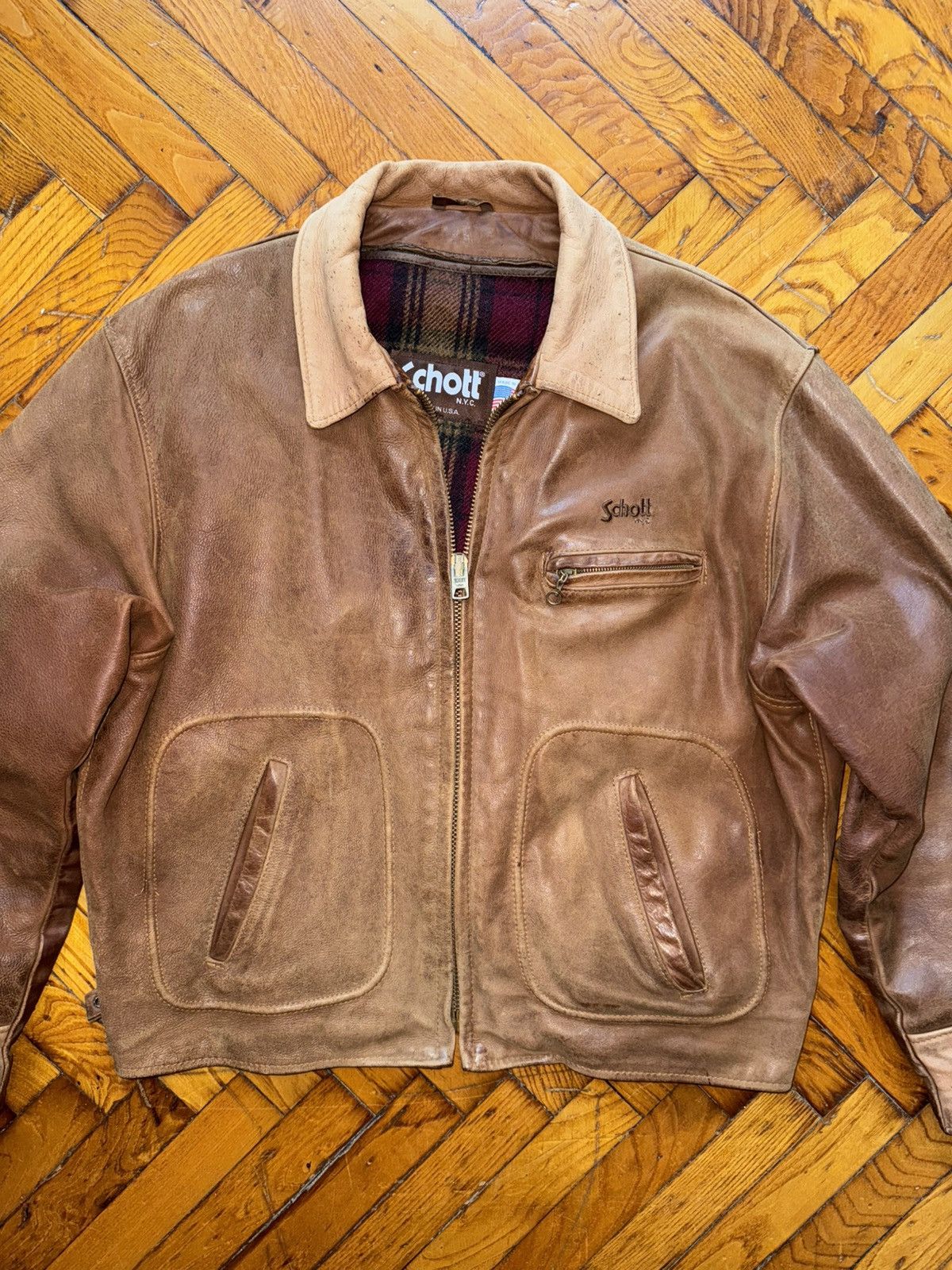 Schott Sunfaded brown leather Steerhide Schott mod. 133 highwayman Size US XXL / EU 58 / 5 - 2 Thumbnail
