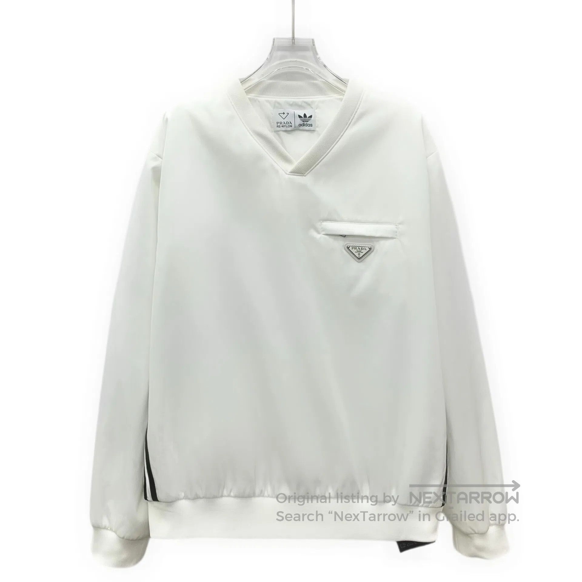 Prada Prada White Pocket Triangle Logo V-neck Long-sleeve Sweats Size US L / EU 52-54 / 3 - 1 Thumbnail
