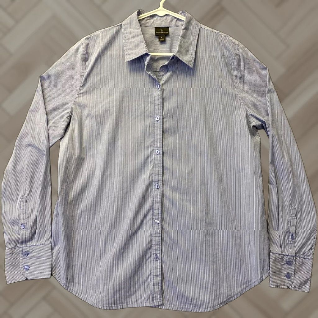 Worthington VINTAGE Worthington Women's Shirt Long Sleeve Cotton Pinstriped Blue White Large Regular Button-Up Fall Spring Winter Size L / US 10 / IT 46 - 1 Thumbnail