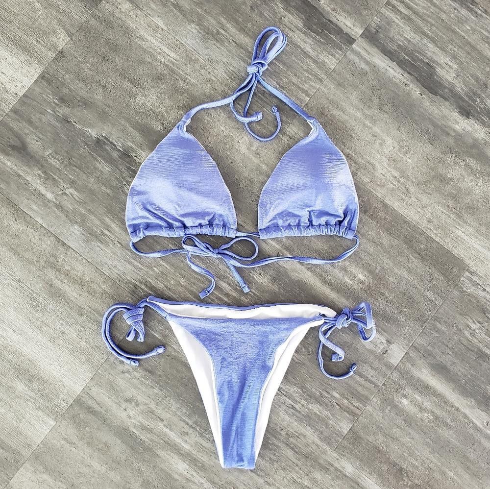 Designer Blue Metallic Shimmer Bikini Set Size ONE SIZE - 1 Thumbnail